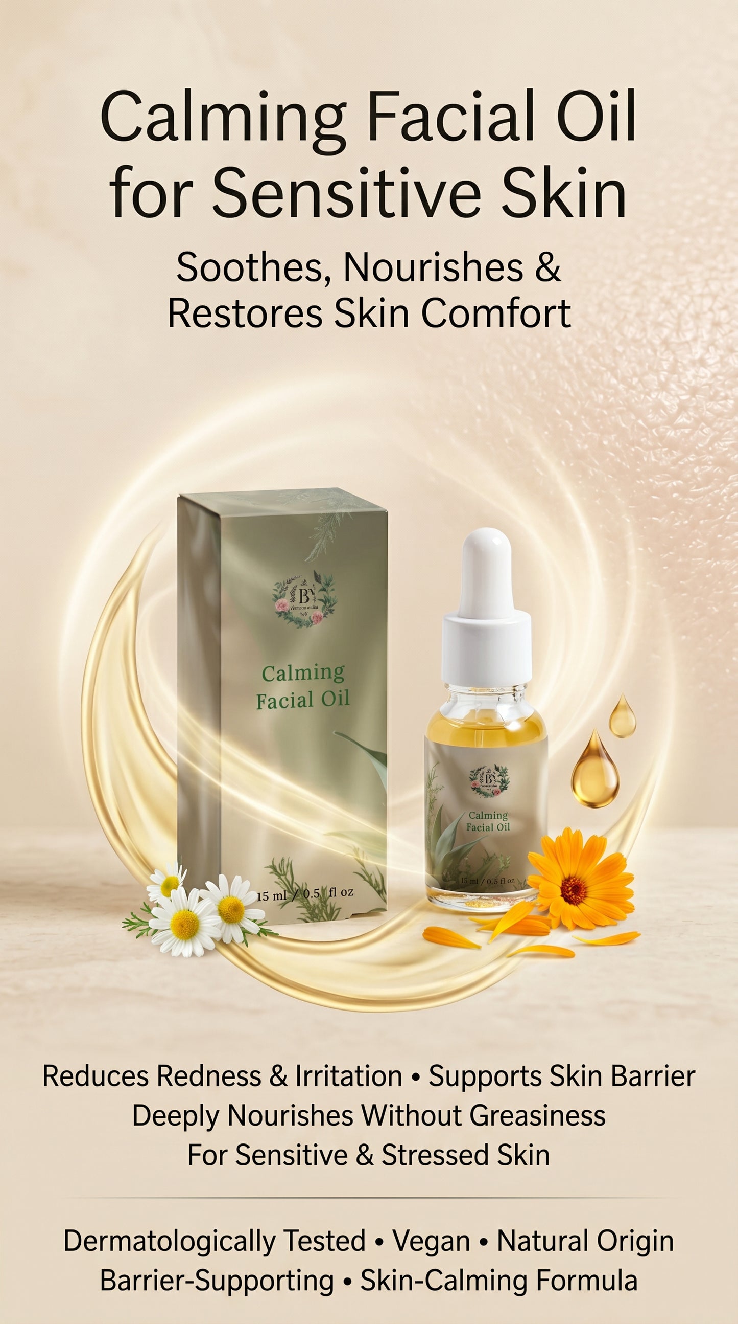 Calming facial oil packaging with dropper and text on a beige background
