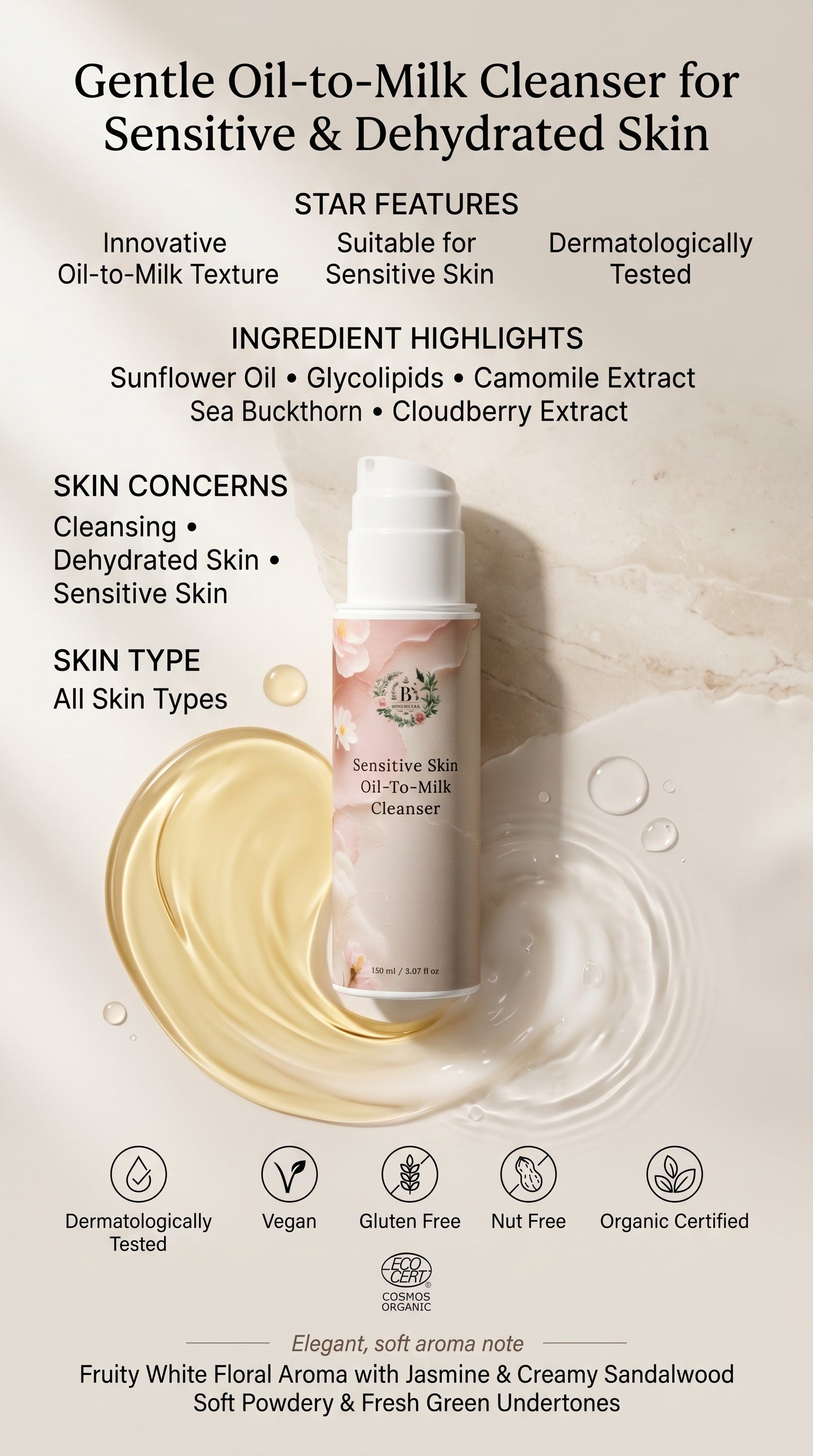 Oil-to-milk cleanser for sensitive and dehydrated skin with product and feature details.