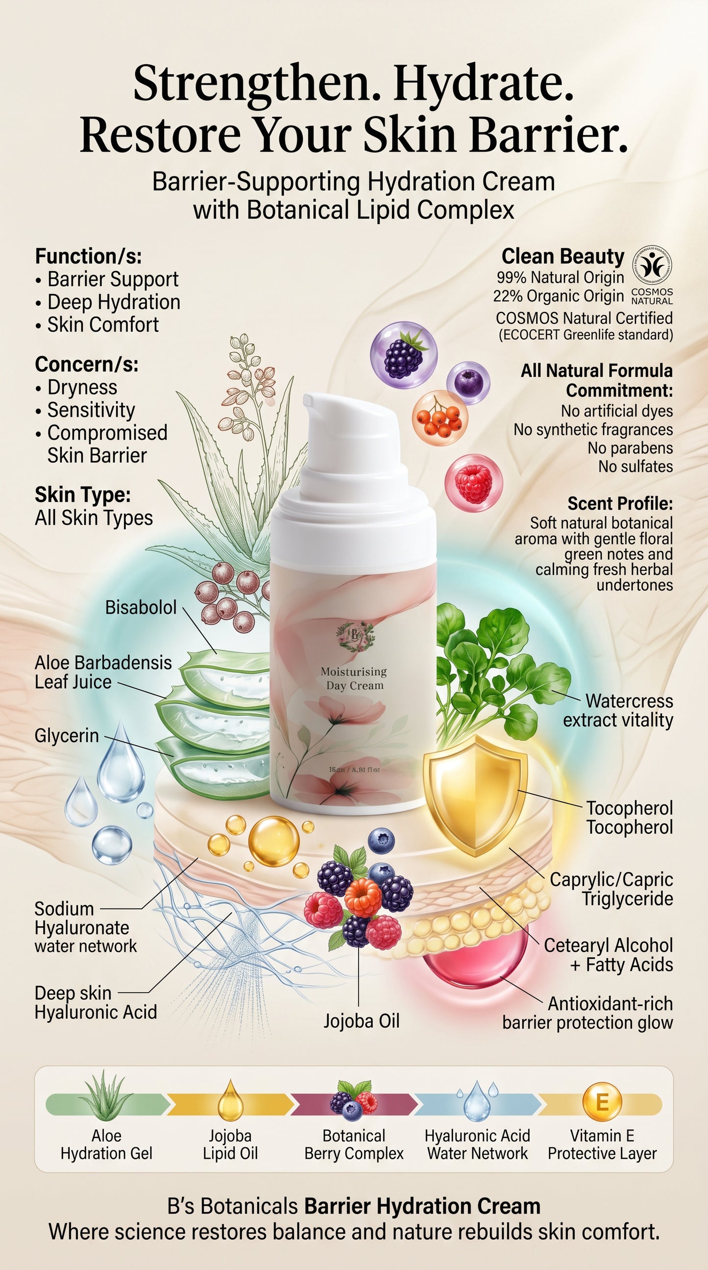 Natural day cream for sensitive skin that hydrates, soothes irritation, and supports the skin’s protective barrier.