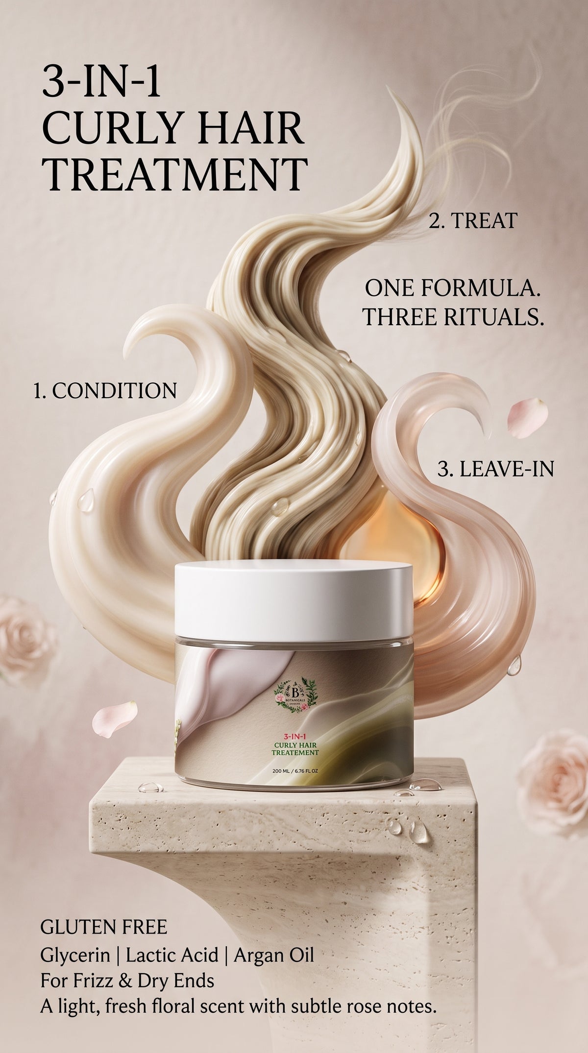 B’s Botanicals curly hair treatment featuring argan oil, glycerin and lactic acid
