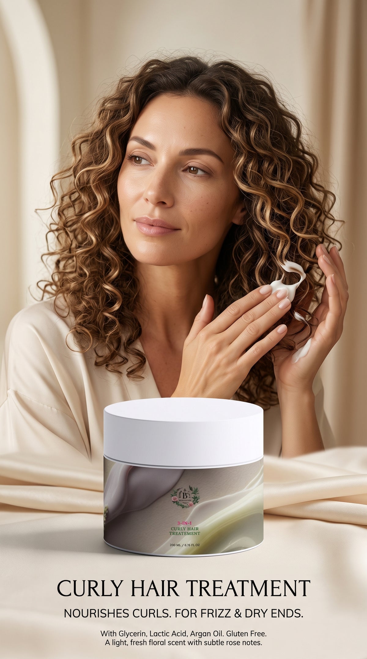 Woman with defined curls using B’s Botanicals 3-in-1 Curly Hair Treatment