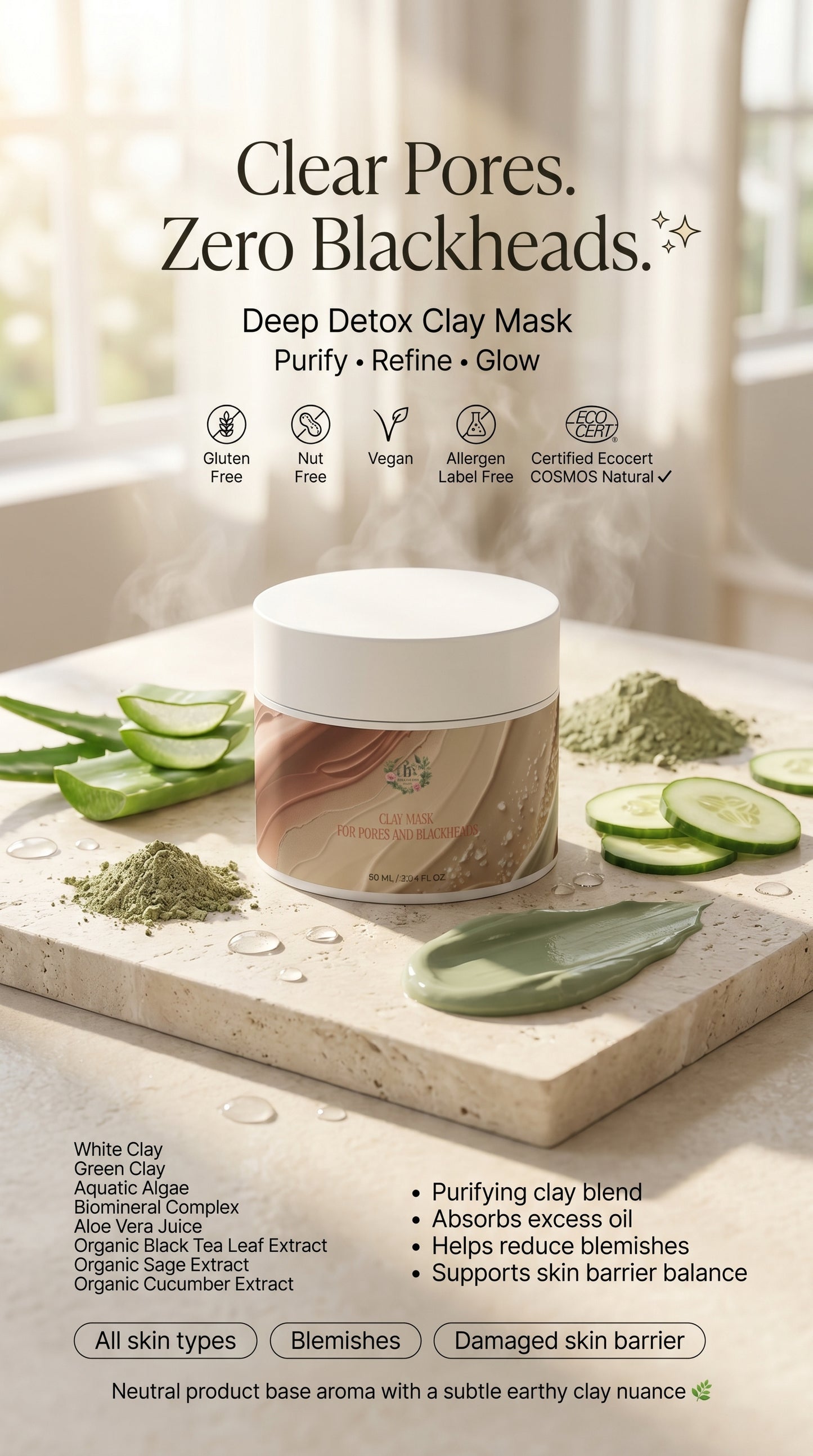 Deep cleansing face mask removing dirt oil and buildup from congested pores