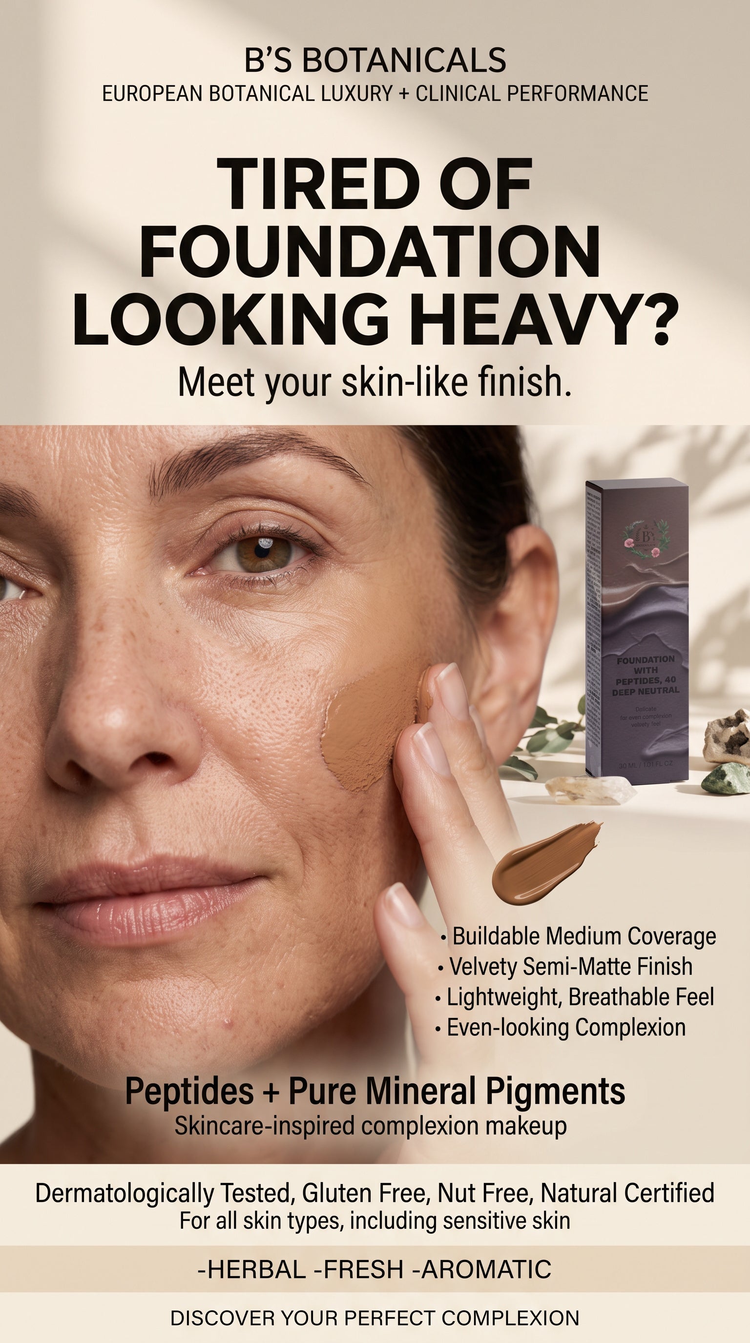 Deep neutral peptide foundation with lightweight buildable coverage and a velvety semi-matte finish