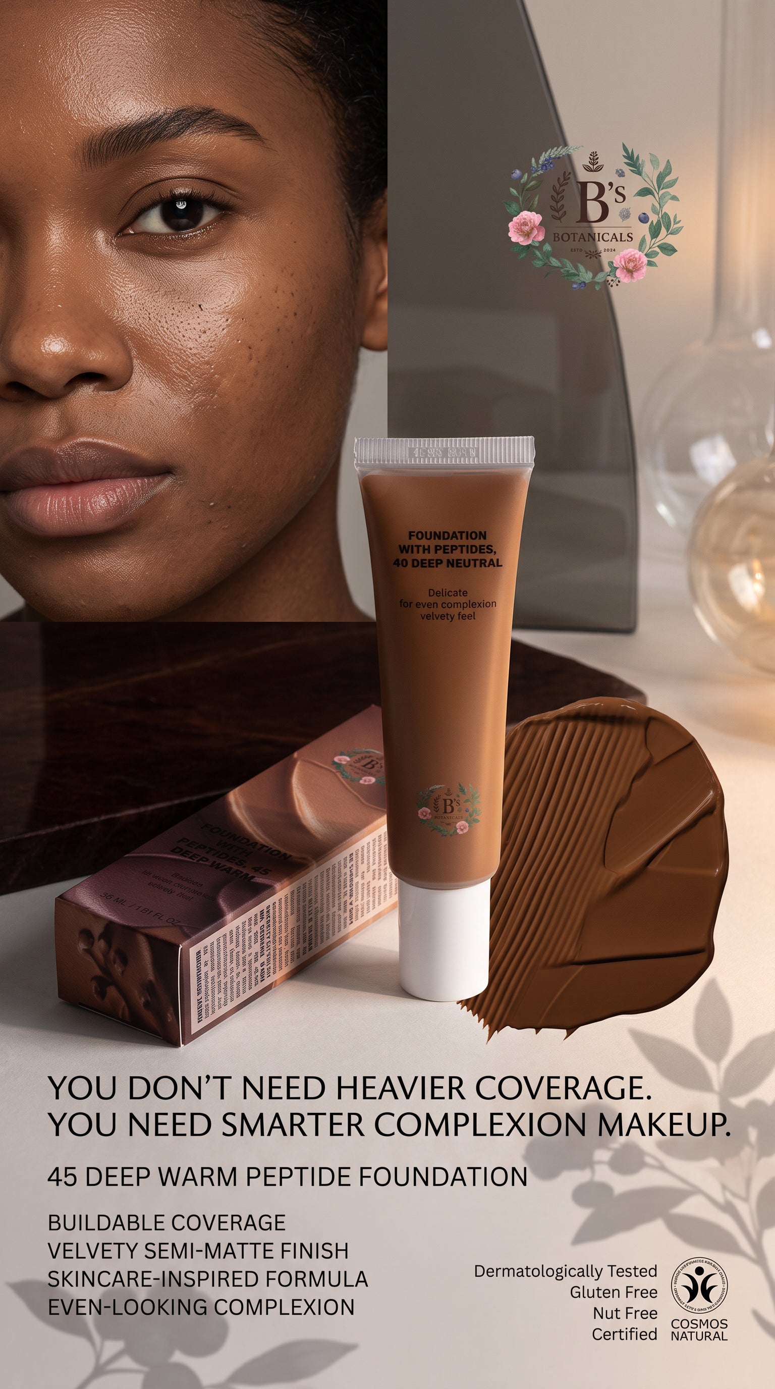 Peptide foundation for deep warm skin tones with a smooth semi-matte finish.