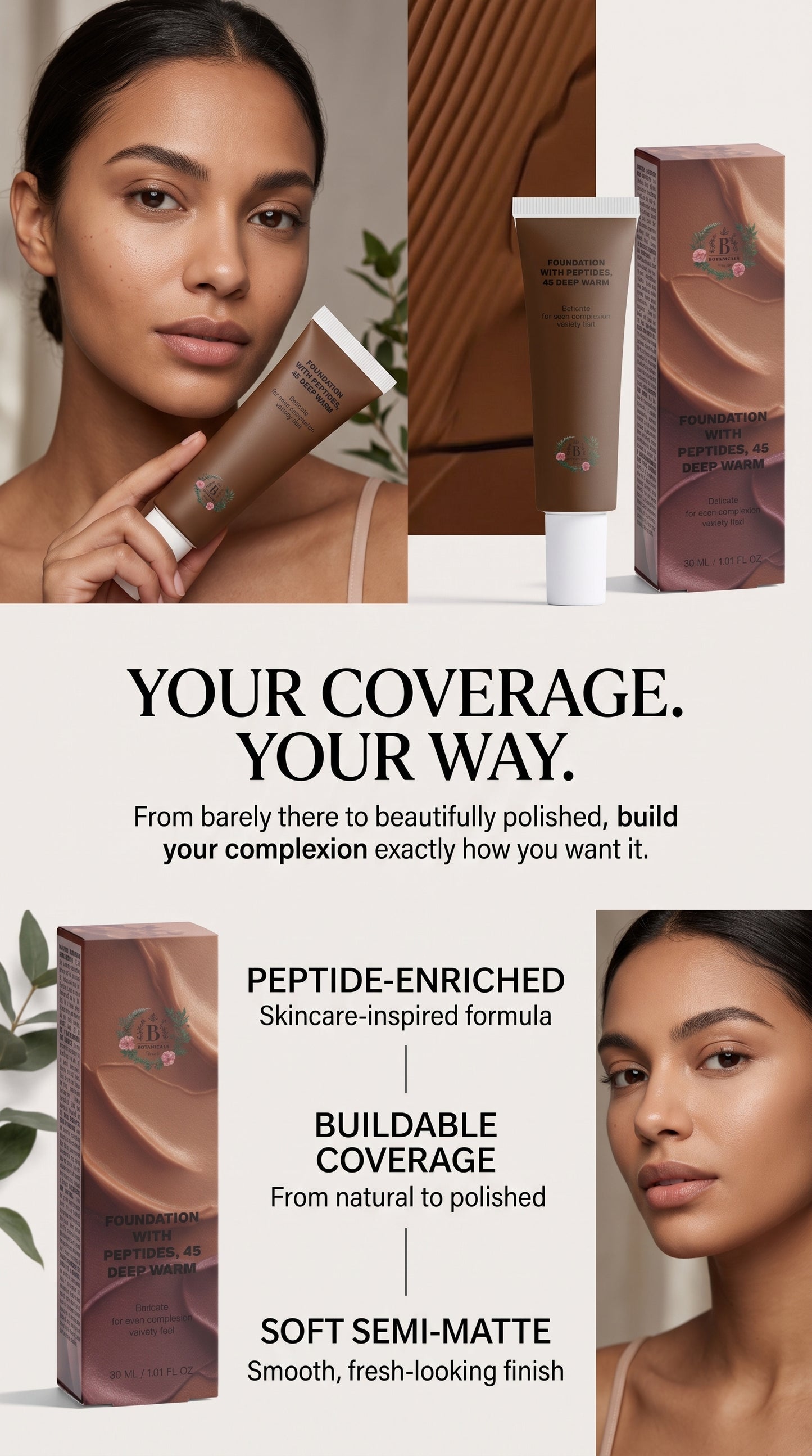 45 Deep Warm semi-matte foundation with natural-looking buildable coverage
