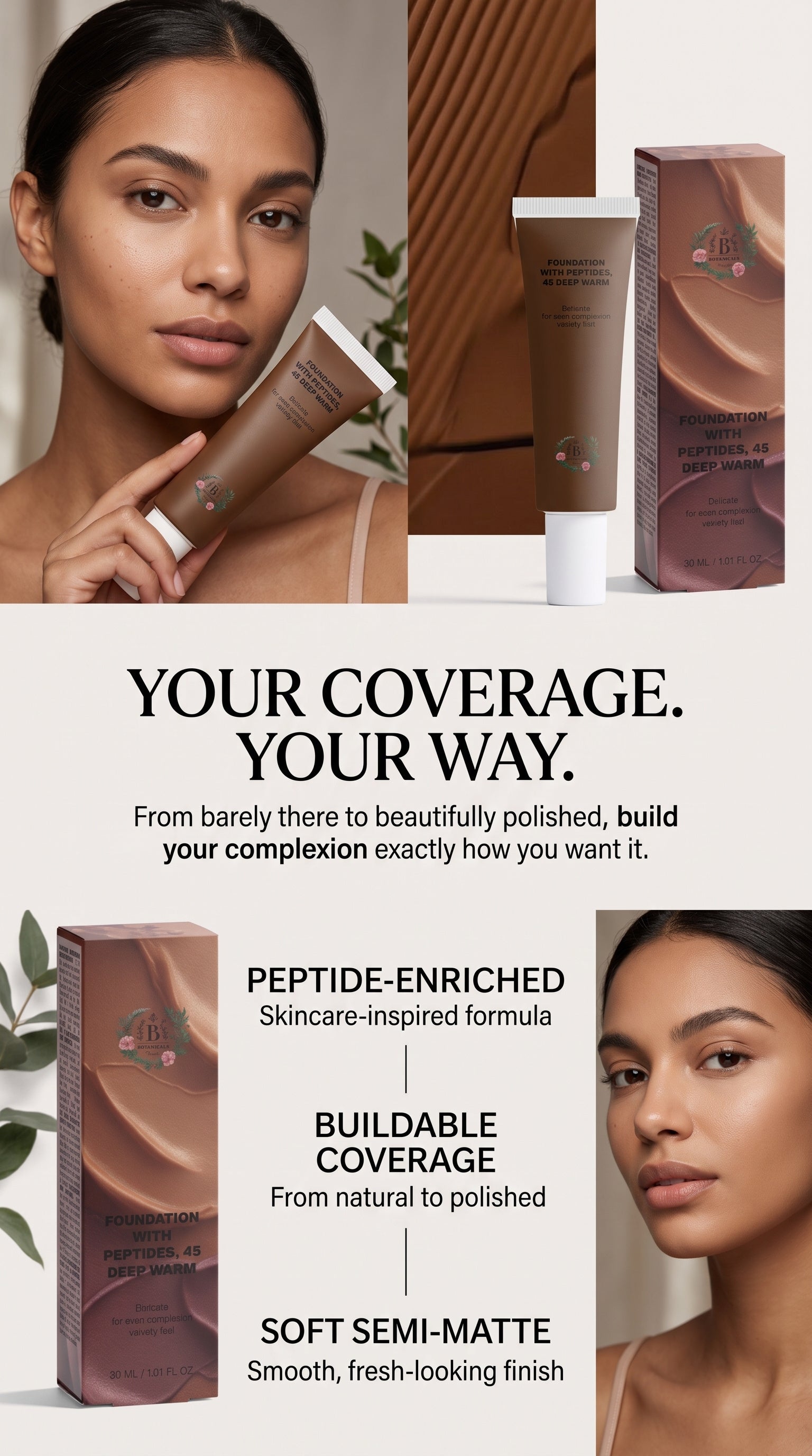 45 Deep Warm semi-matte foundation with natural-looking buildable coverage