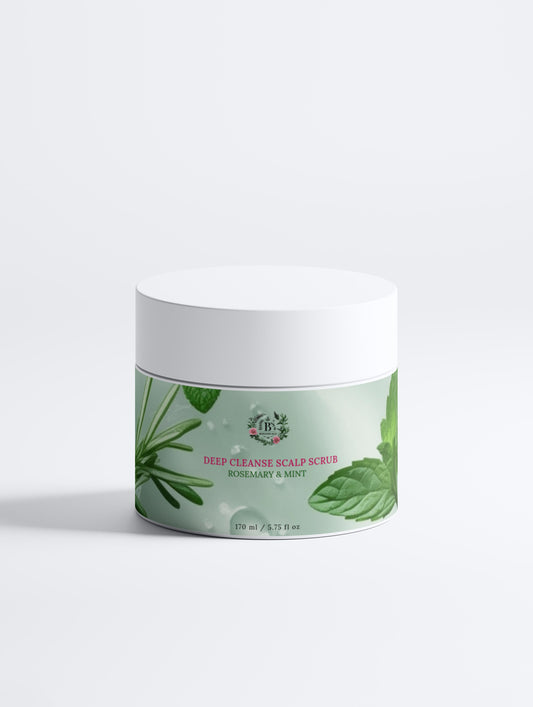 Jar of deep cleanse scalp scrub with green label on a white background