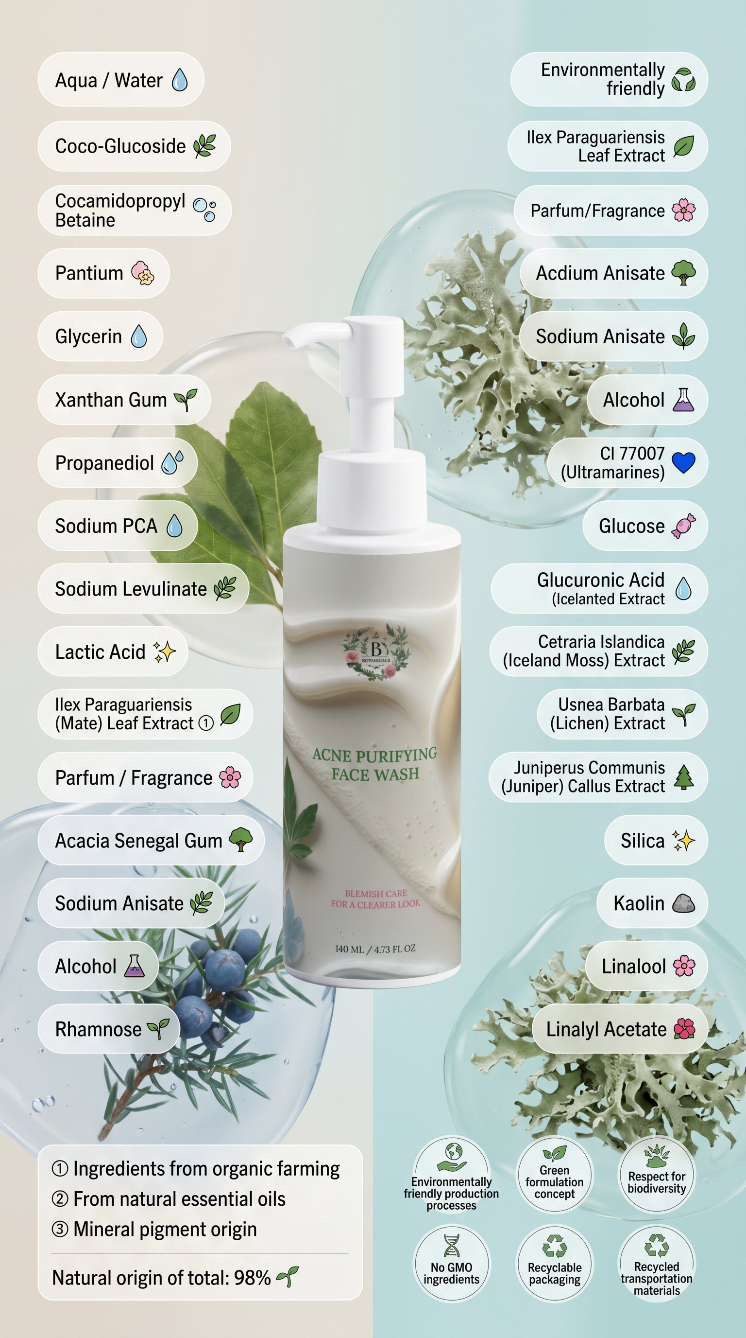 Luxury clean beauty skincare advertisement for a botanical gel cleanser featuring full INCI ingredient list including Aqua, Coco-Glucoside, Glycerin, Sodium PCA, Mate Leaf Extract, Iceland Moss Extract, Juniper Extract, Kaolin, and Silica, highlighting 98% natural origin, vegan formula, eco-certified sustainable skincare, recyclable packaging, and environmentally responsible production.