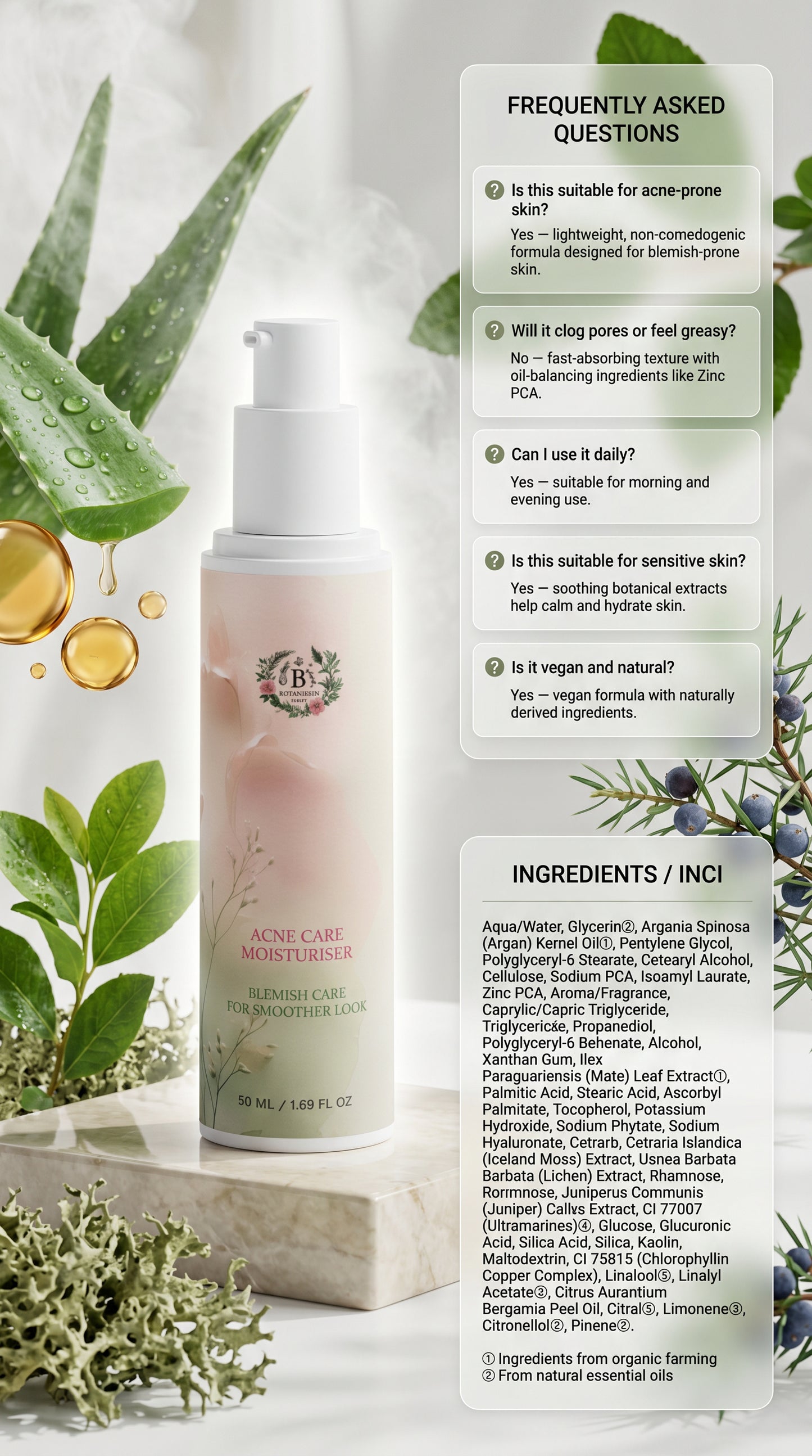 Ecocert COSMOS Natural certified vegan moisturiser for blemish-prone skin, clean beauty skincare with natural certified ingredients