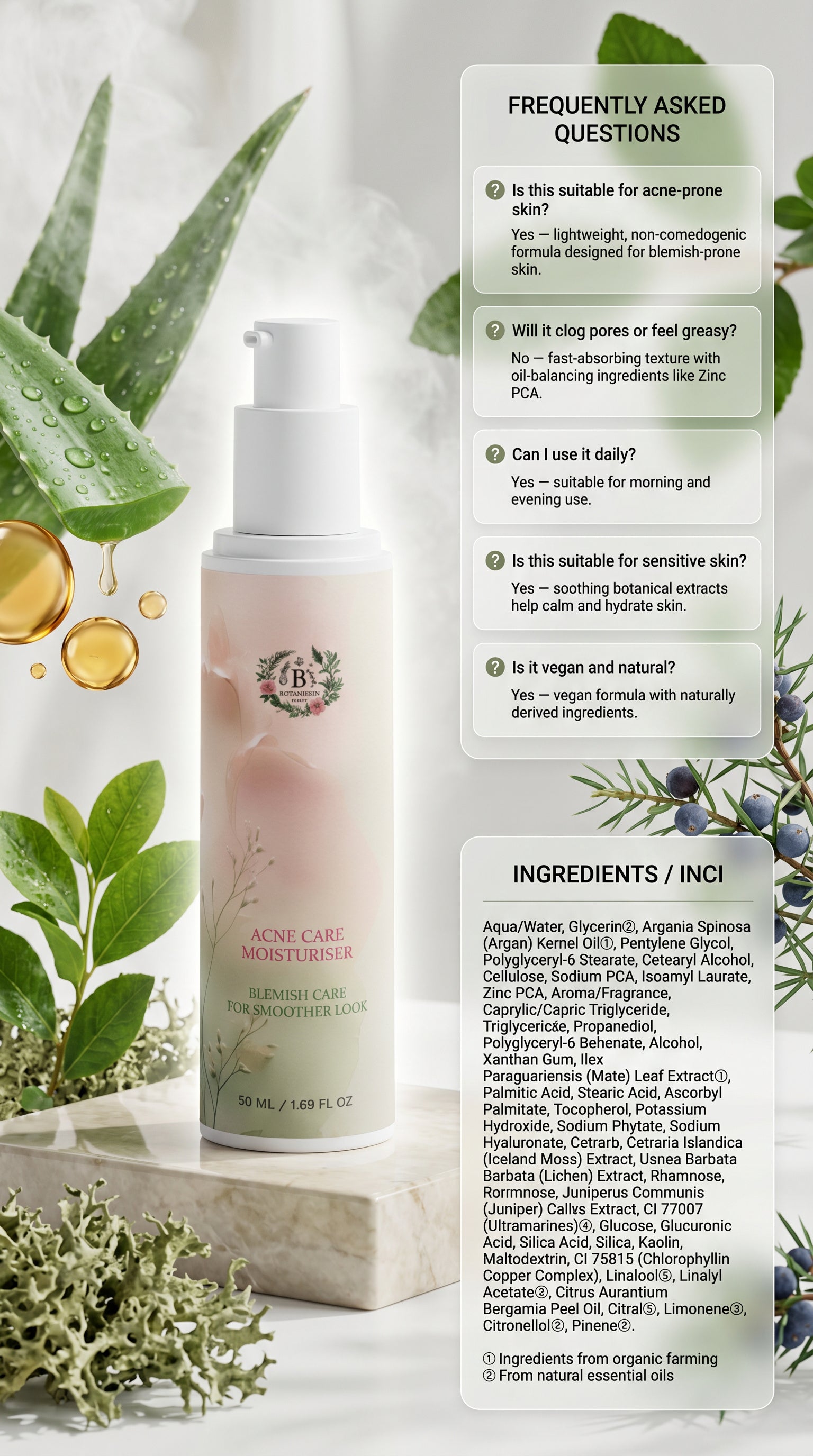 Ecocert COSMOS Natural certified vegan moisturiser for blemish-prone skin, clean beauty skincare with natural certified ingredients