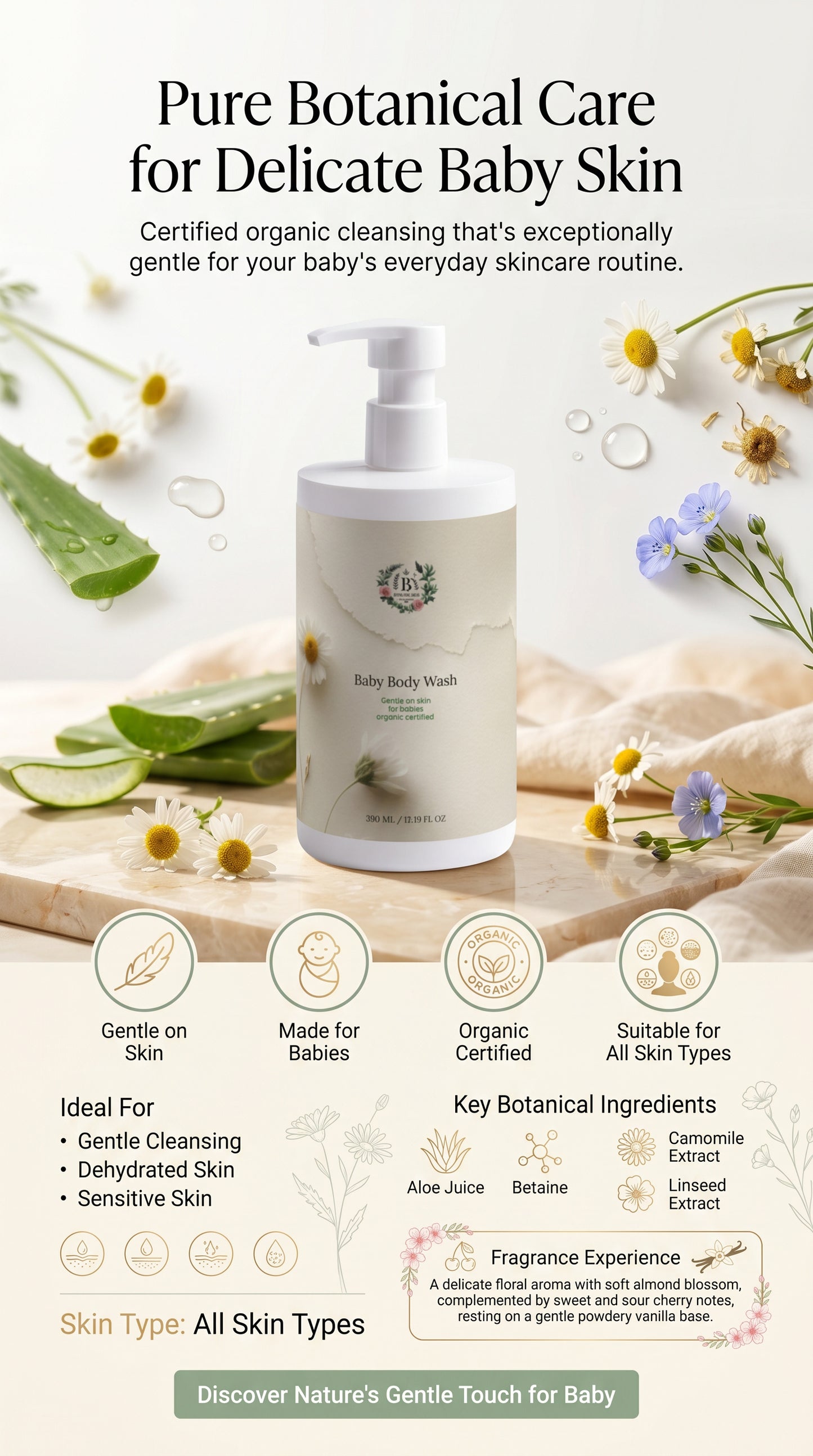 Organic Baby Body Wash by BS Botanicals with ECOCERT COSMOS Organic certification, gentle natural cleanser for sensitive baby skin.