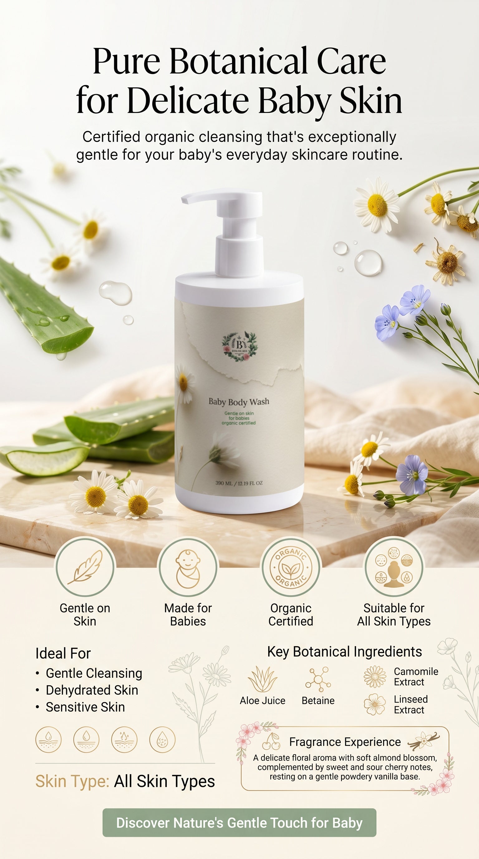 Organic Baby Body Wash by BS Botanicals with ECOCERT COSMOS Organic certification, gentle natural cleanser for sensitive baby skin.