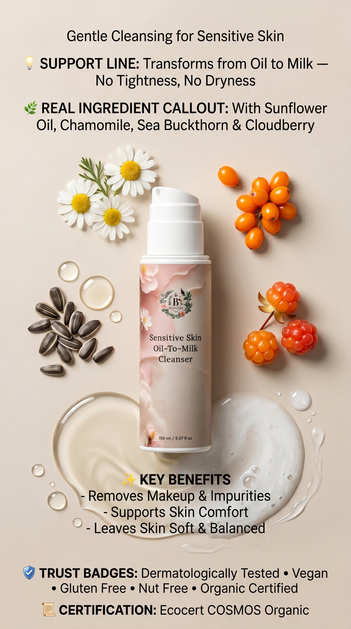 Sensitive skin cleanser with natural ingredients and benefits on a beige background