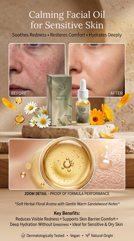 Calming facial oil for sensitive skin with before and after effects on skin, surrounded by flowers and natural elements.