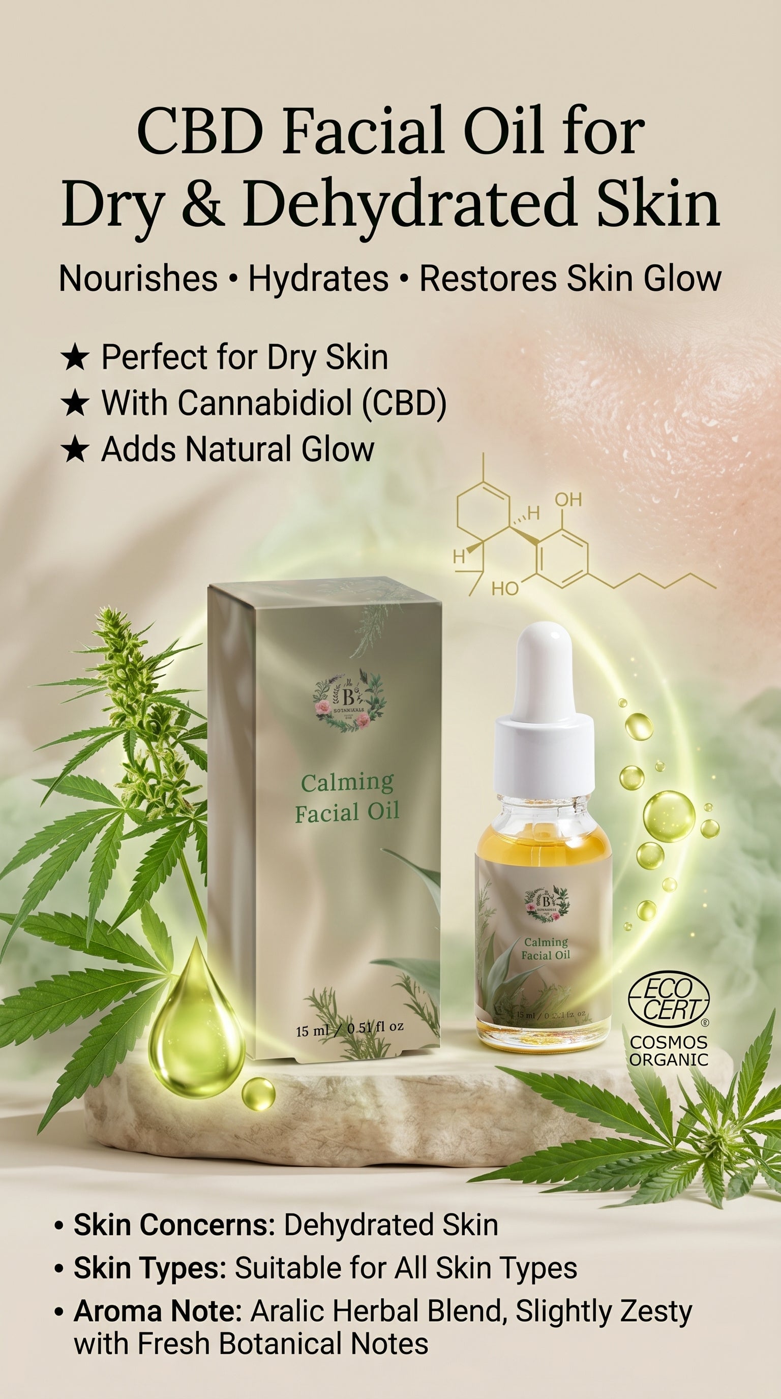 CBD Facial Oil packaging with oil droplet graphics and cannabis plant on a beige background