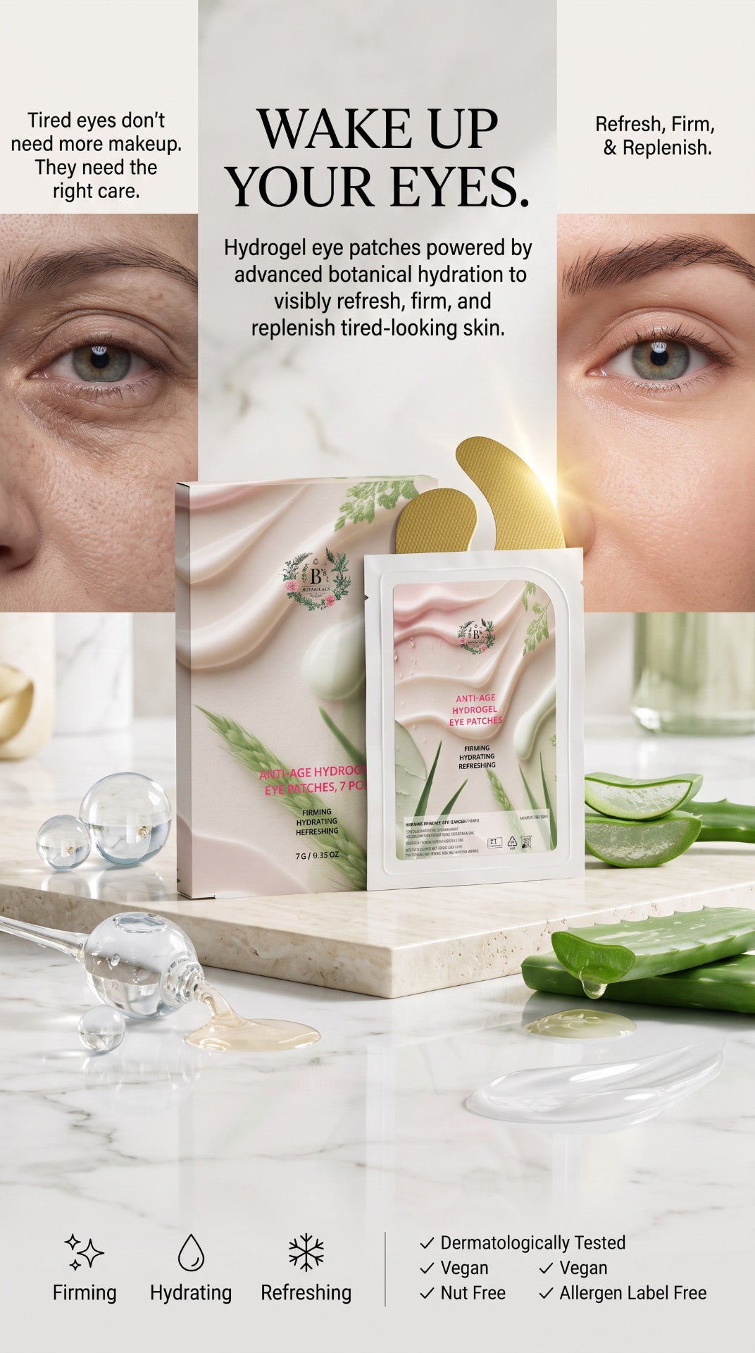 Luxury anti-age hydrogel eye patches helping reduce the appearance of puffiness, dehydration and fine lines while leaving the under-eye area visibly firmer, smoother and refreshed.