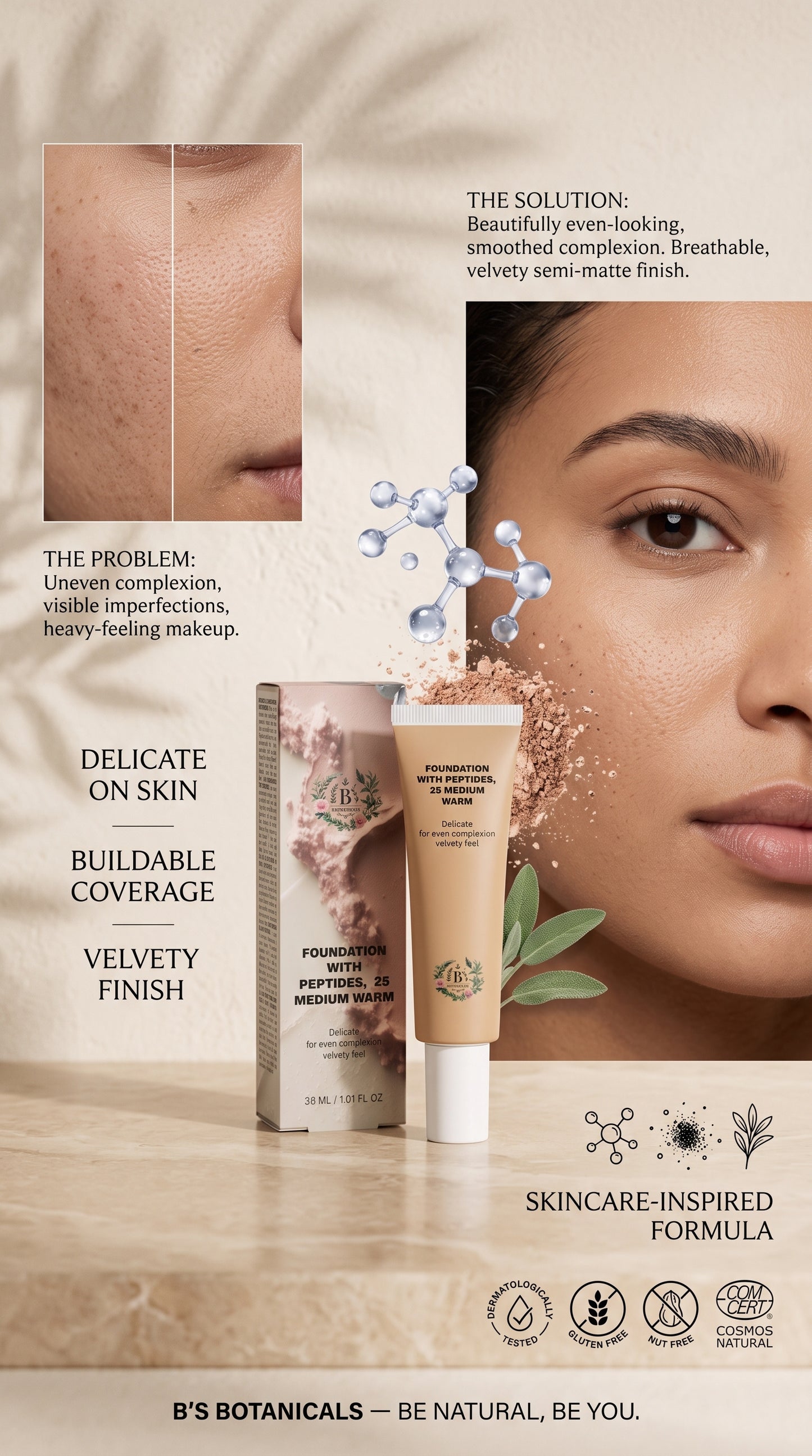 Semi-matte foundation providing buildable coverage for an even-looking complexion and the appearance of dark spots