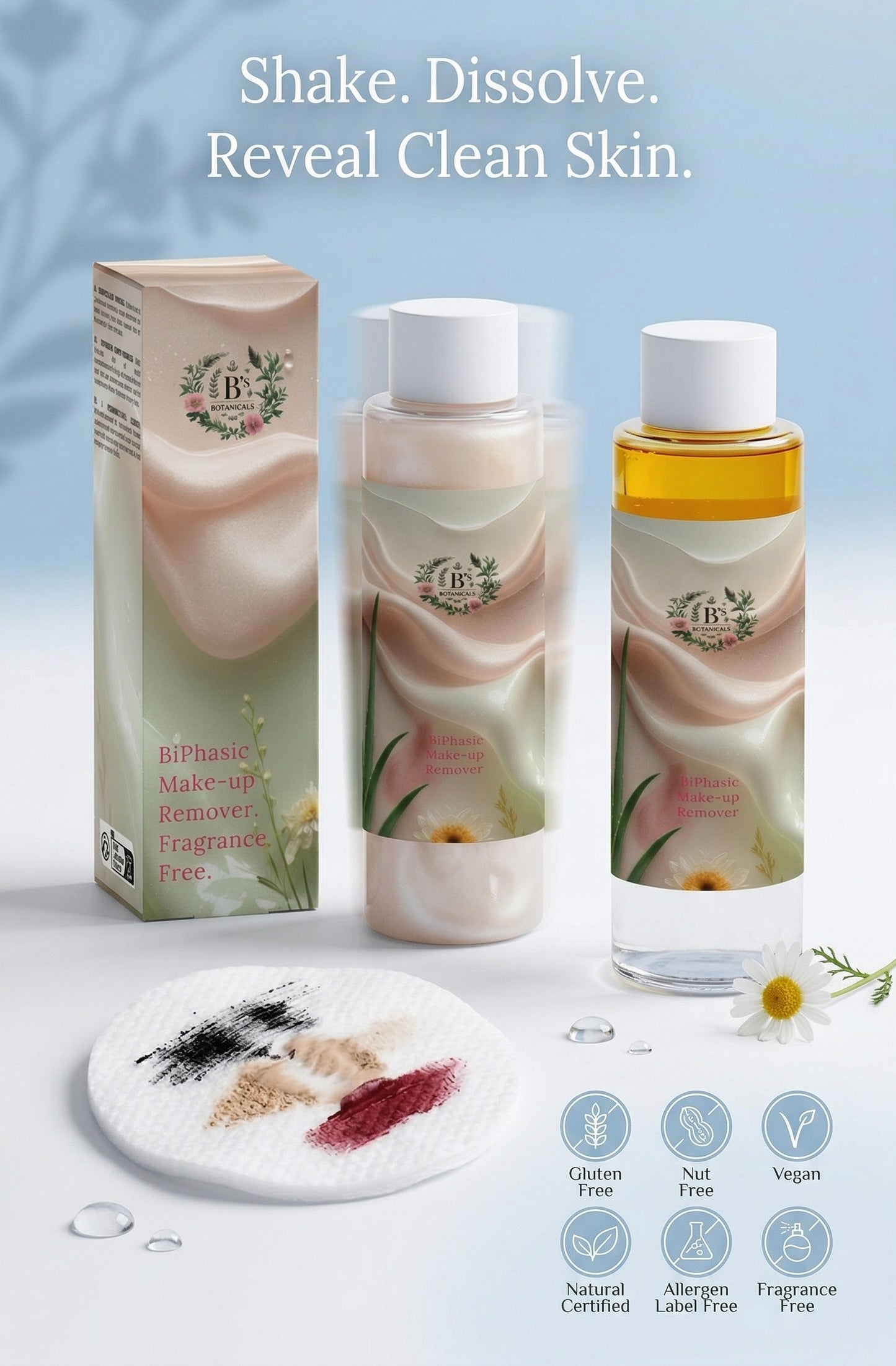 Makeup remover products with packaging and ingredients on a light background