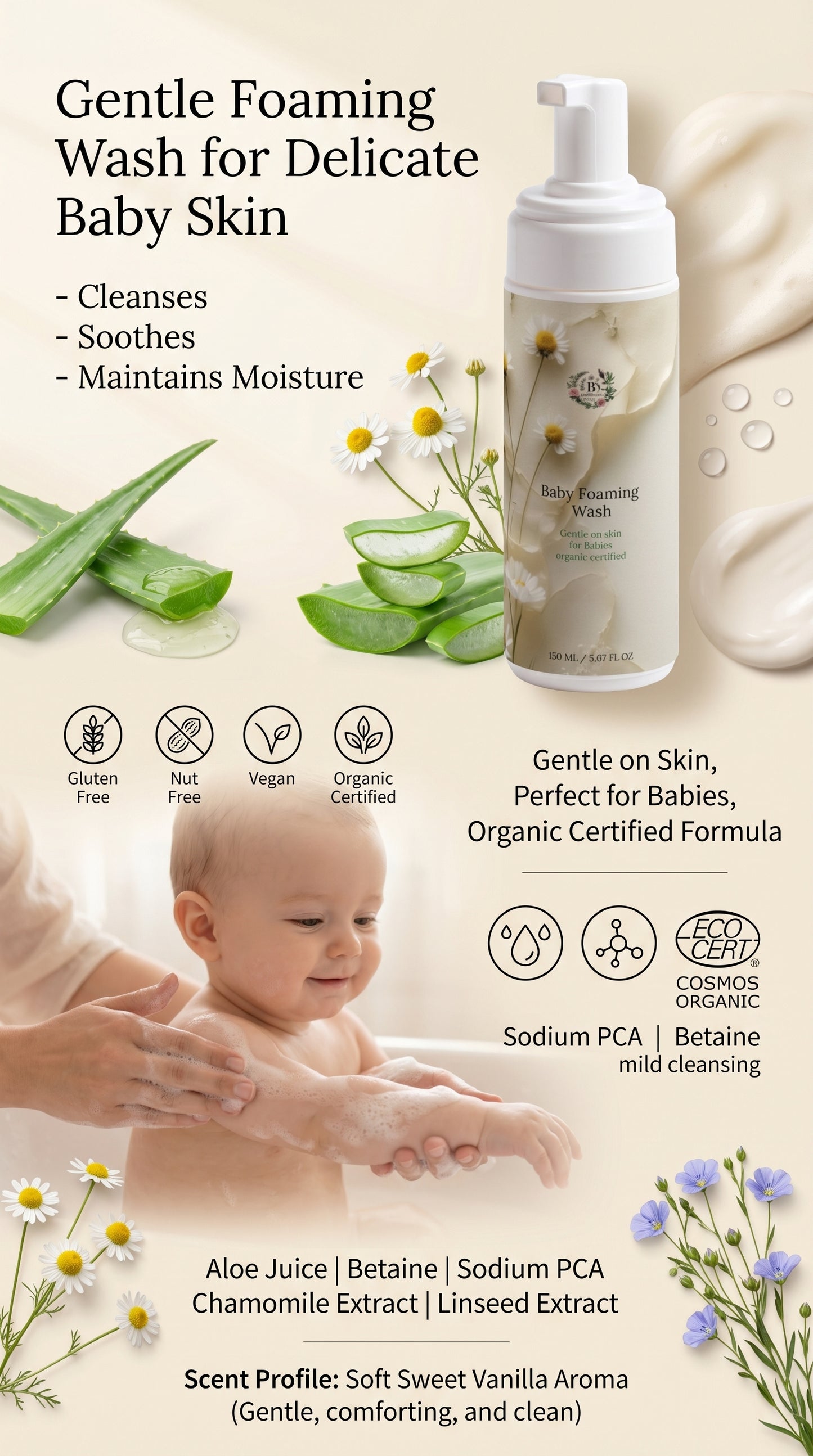 Gentle foaming wash for delicate baby skin with product and baby imagery on a light background.