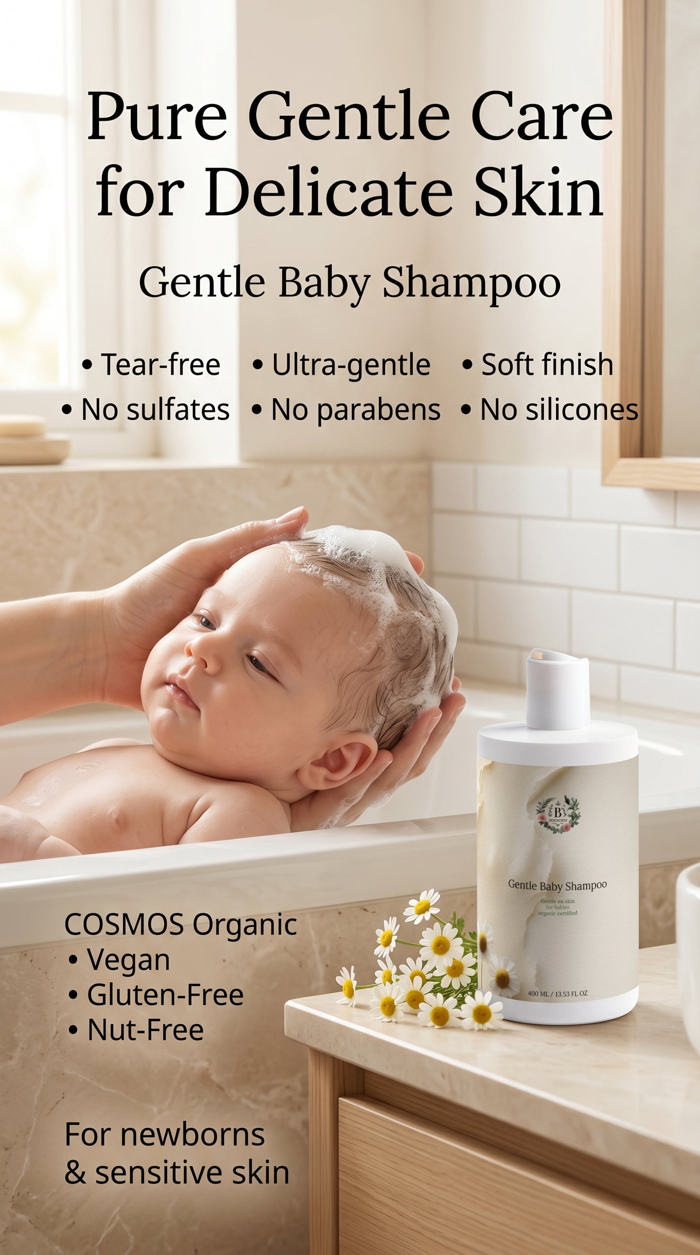 Baby being bathed with a bottle of gentle baby shampoo on a bathroom counter.
