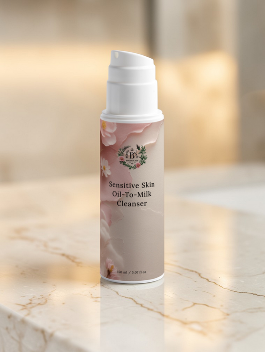 Sensitive Skin Oil to Milk Cleanser on marble background for gentle makeup removal and hydrating facial cleansing.