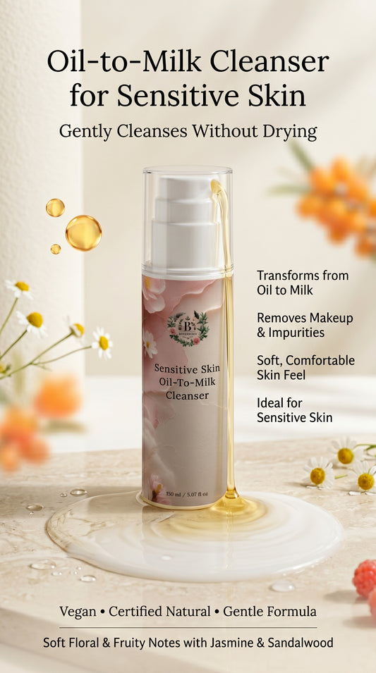 Oil-to-milk cleanser for sensitive skin with floral elements on a light background