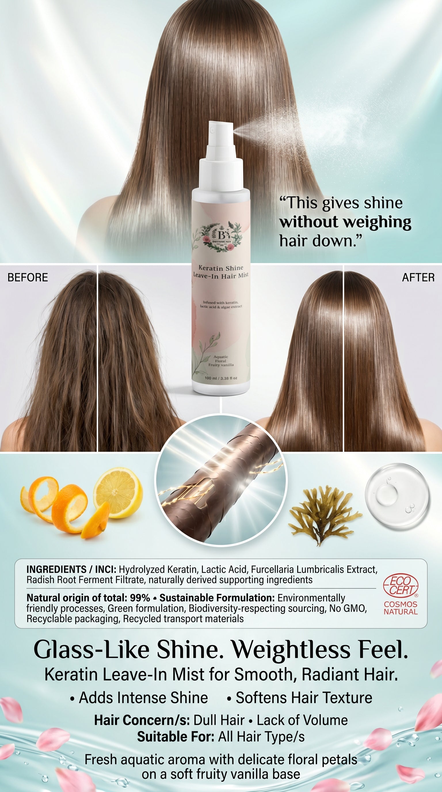 Hair mist spray with before and after effects on hair, showing shine and weightless feel.