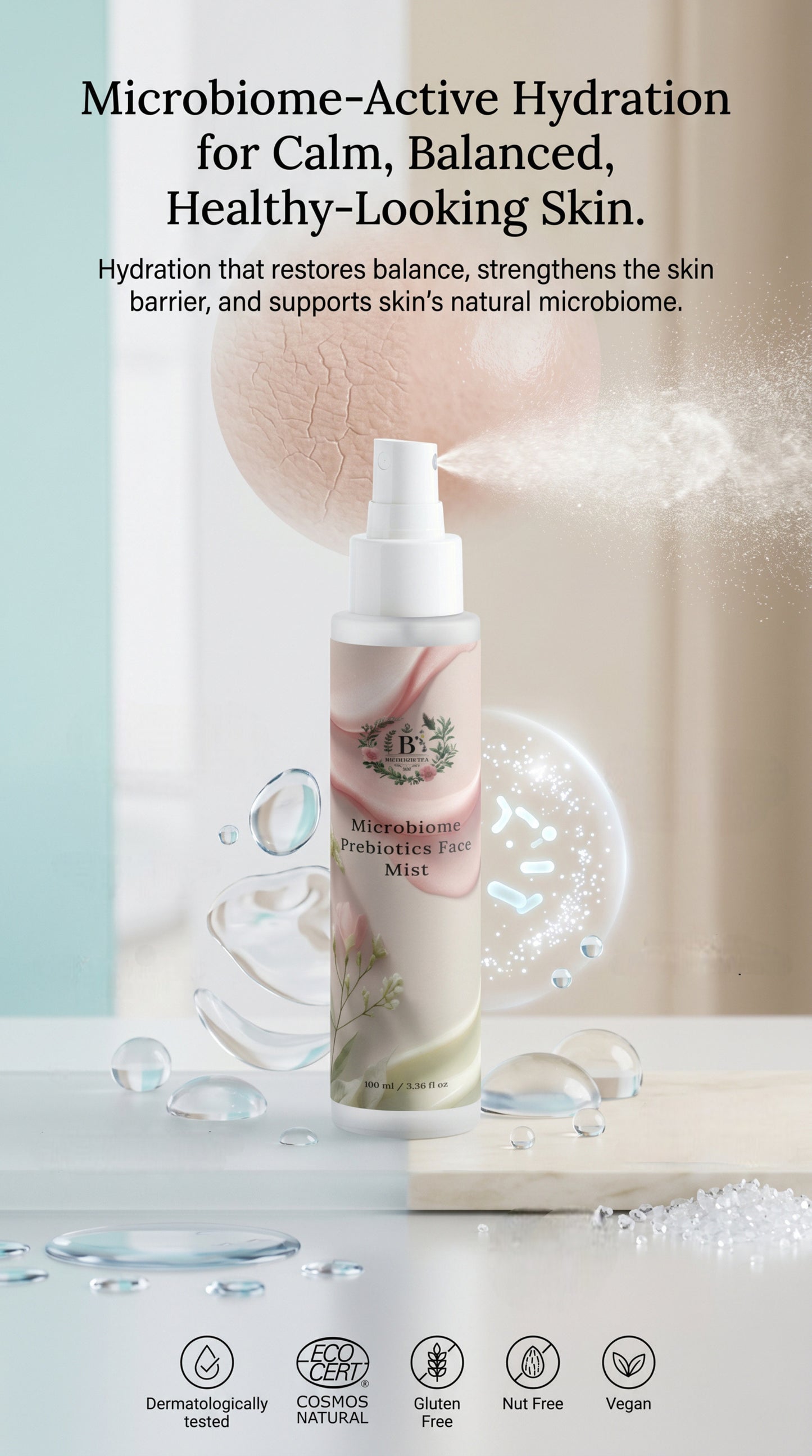 Hydrating face mist with hyaluronic acid and sodium PCA for deep moisture and plumping skin effect