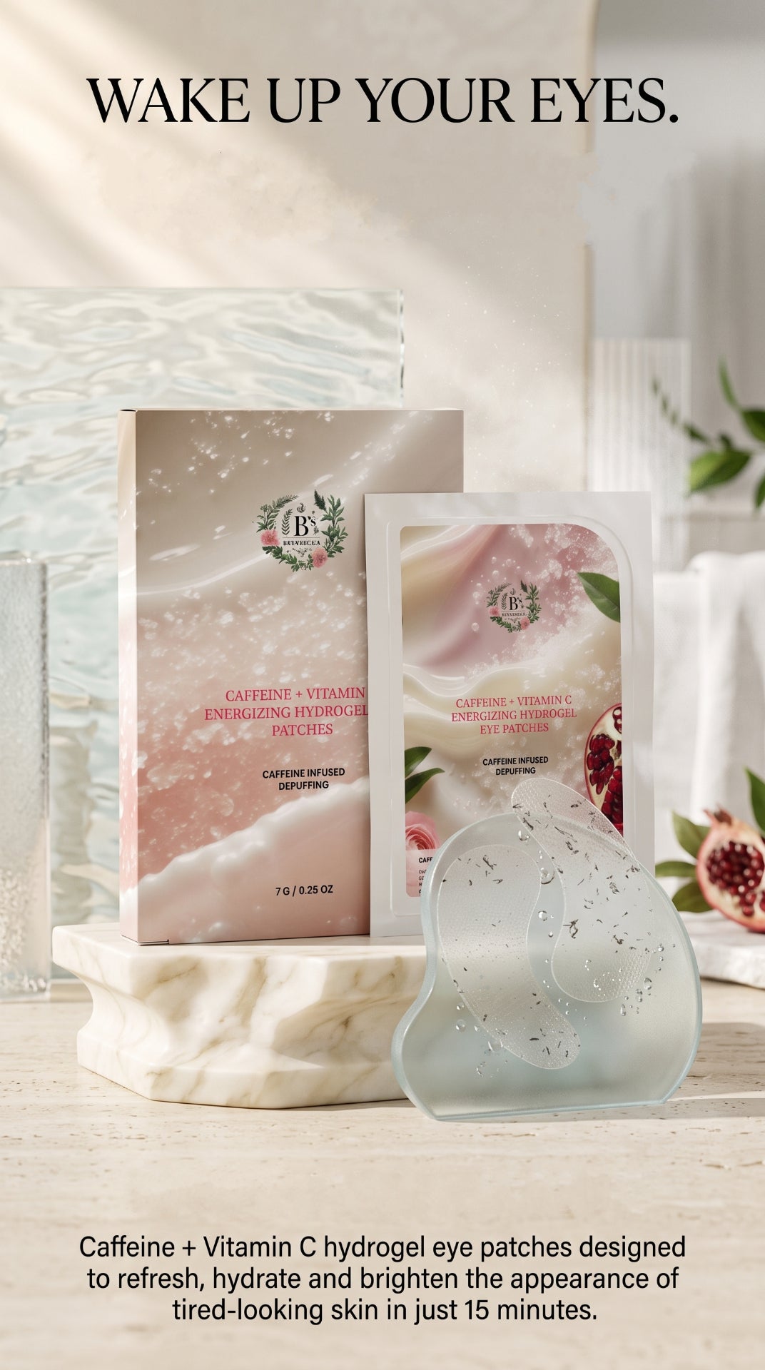 Hydrating caffeine and Vitamin C eye patches for a fresh, brighter-looking under-eye area.