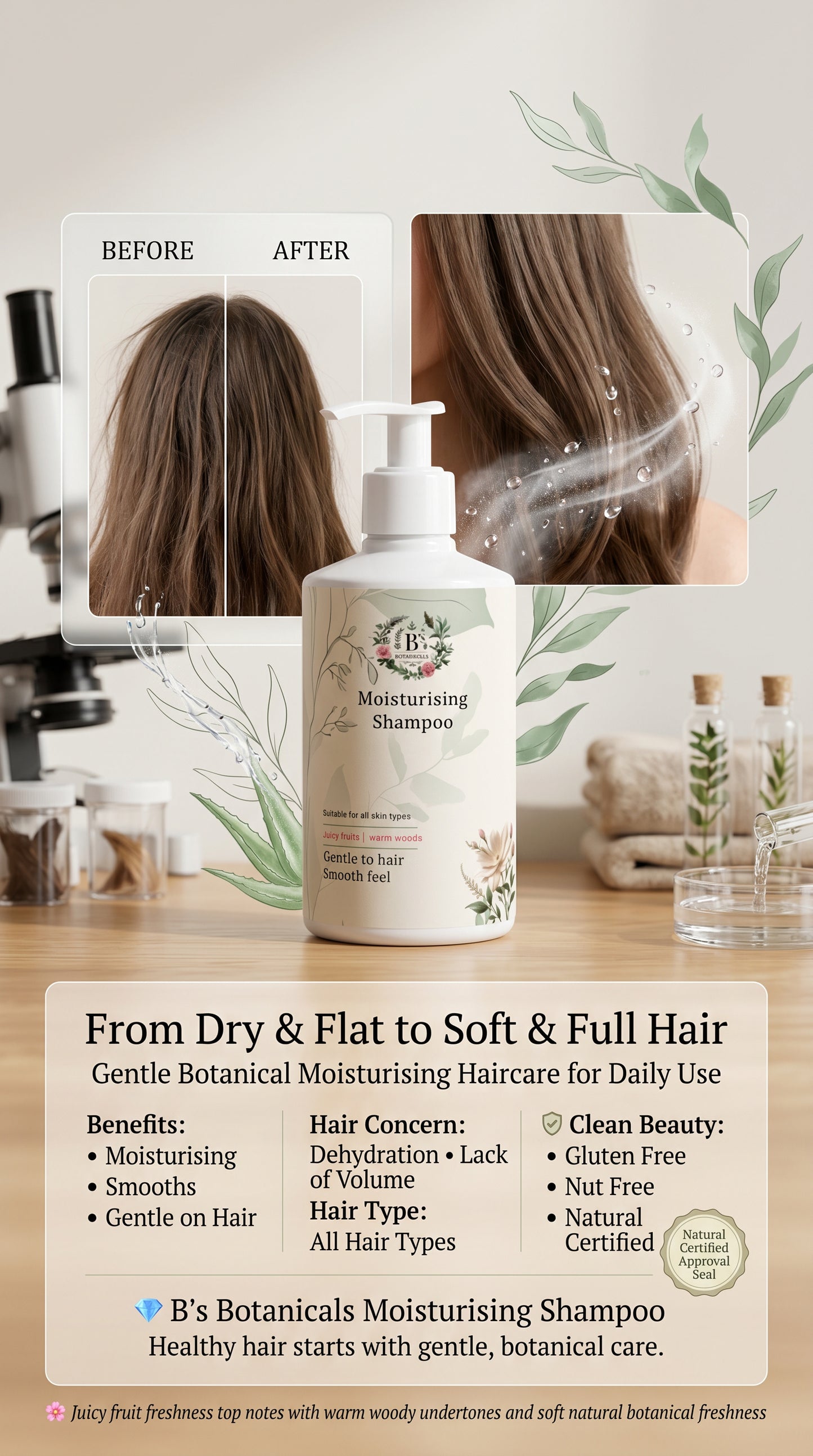 B's Botanicals Moisturising Shampoo with 'Before' and 'After' hair comparison on a wooden surface.