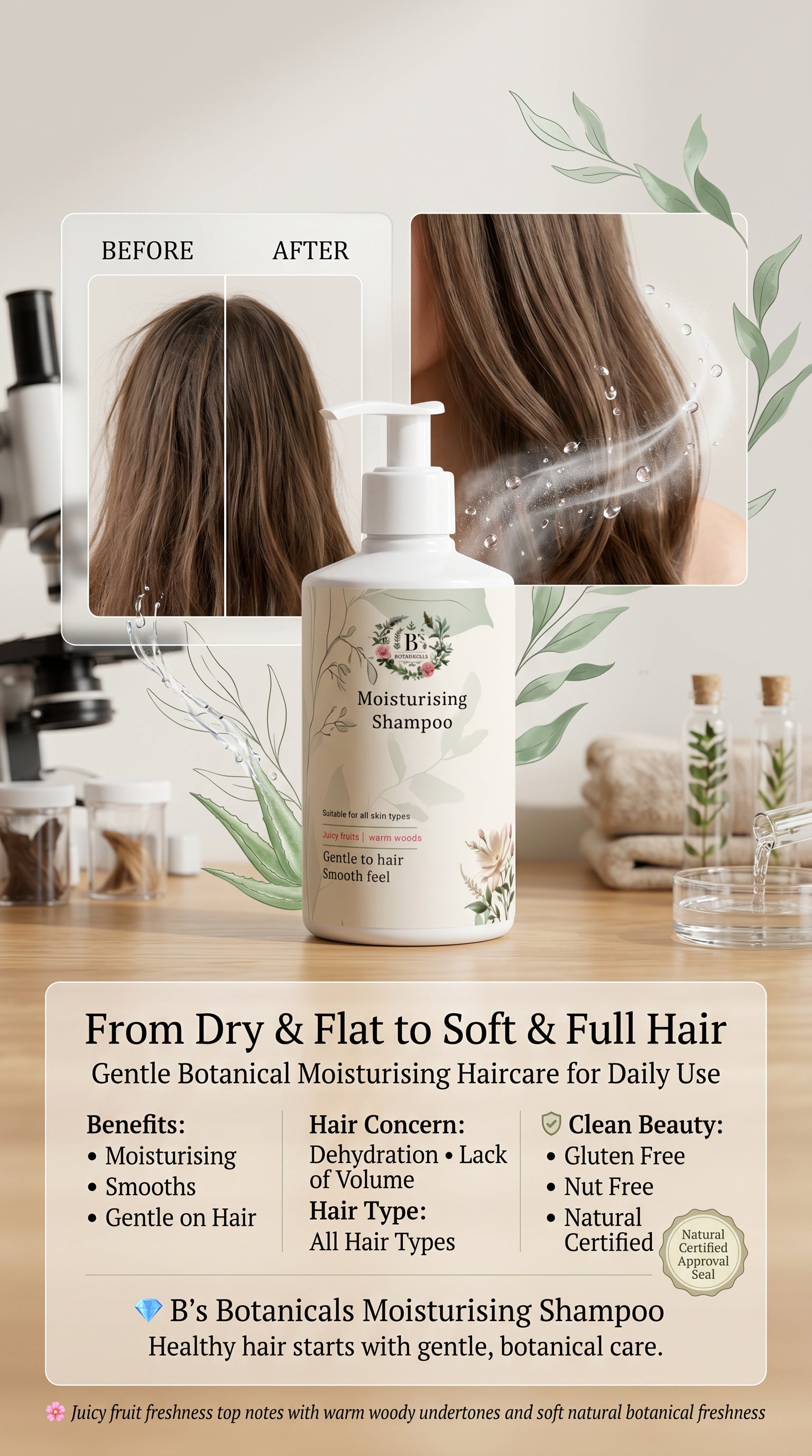 B's Botanicals Moisturising Shampoo with 'Before' and 'After' hair comparison on a wooden surface.