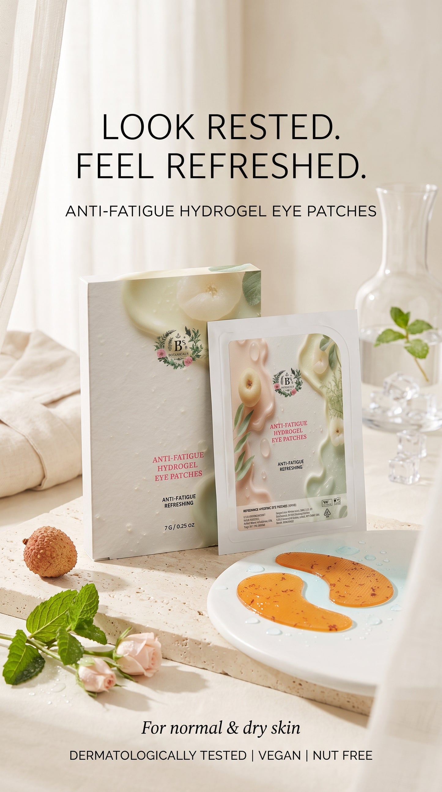 B’s Botanicals Anti-Fatigue Eye Patches featuring hydrating skincare ingredients including Panthenol, Glycerin and Sodium Hyaluronate.