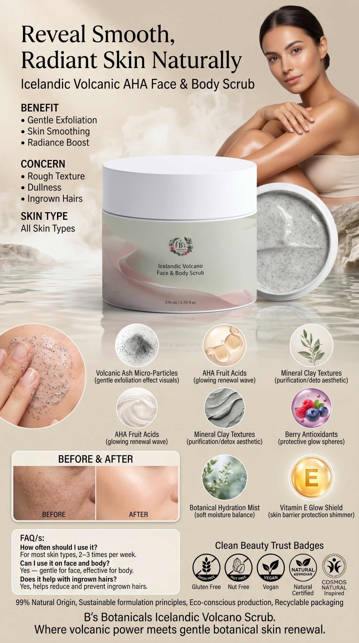 Icelandic Volcanic AHA Face & Body Scrub packaging with before and after effects on skin.