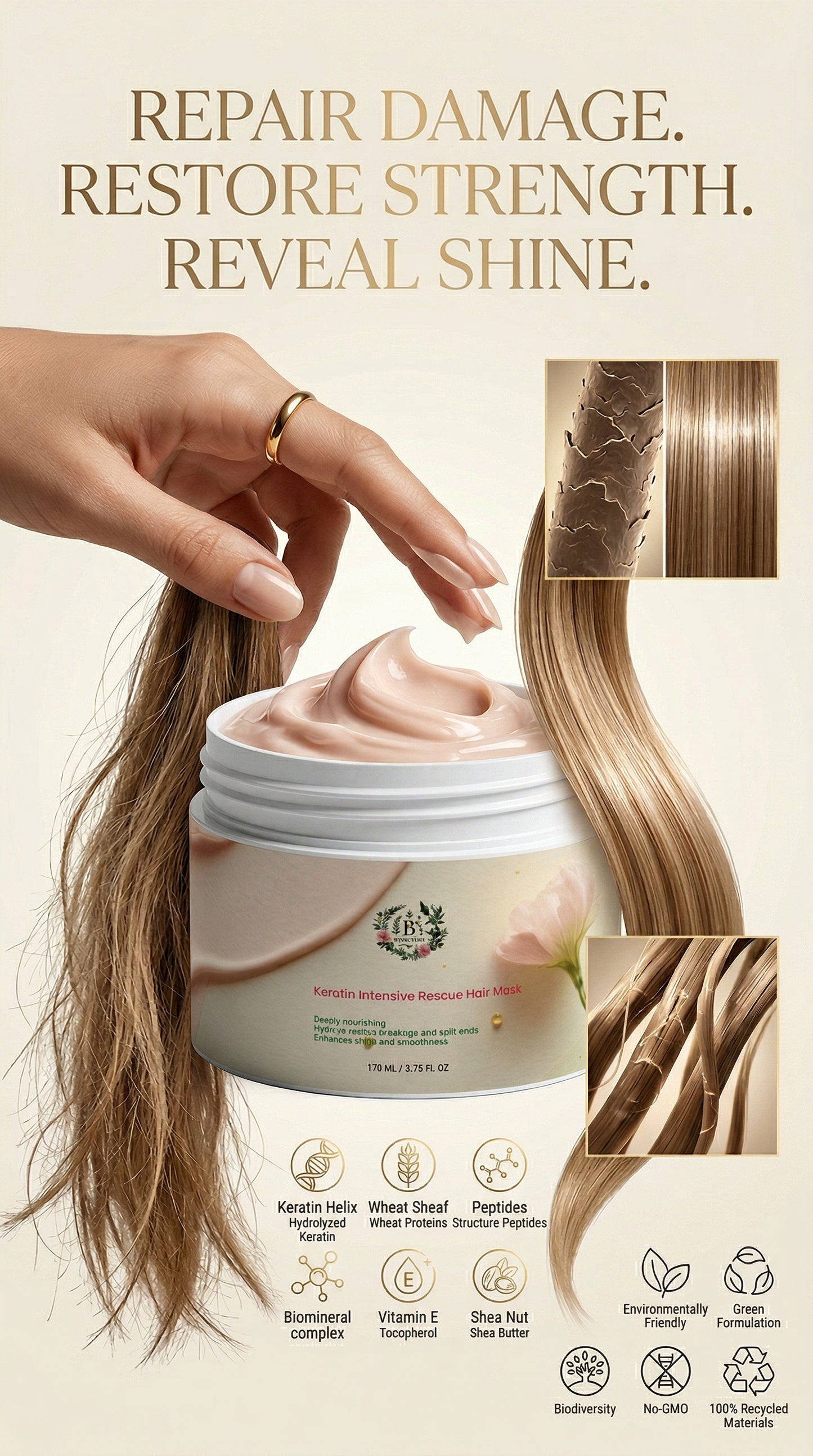 Deeply nourishing keratin hair mask with shea butter, vitamin E, and wheat protein for strong, healthy, frizz-free hair