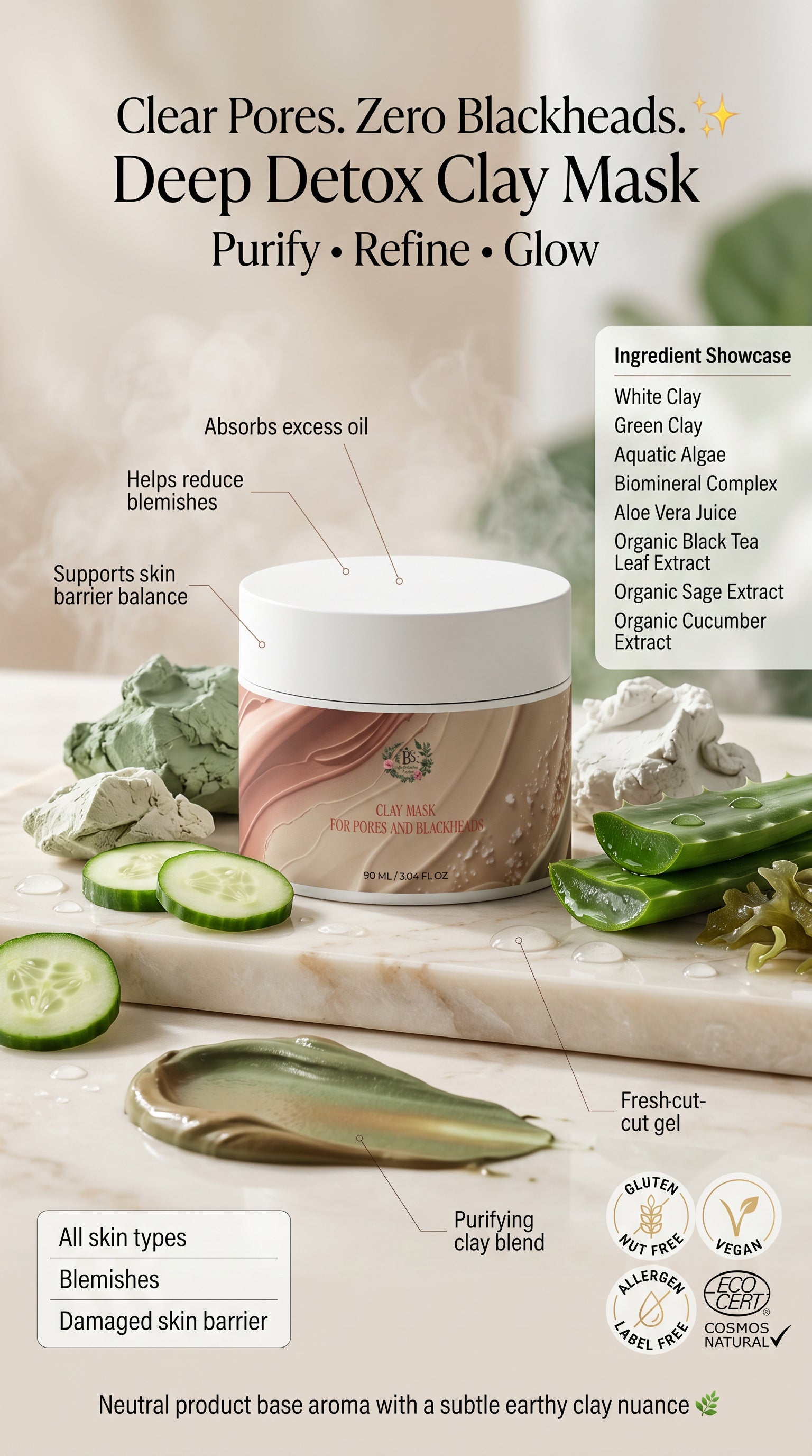 Kaolin and bentonite clay mask face treatment for smoother clearer skin