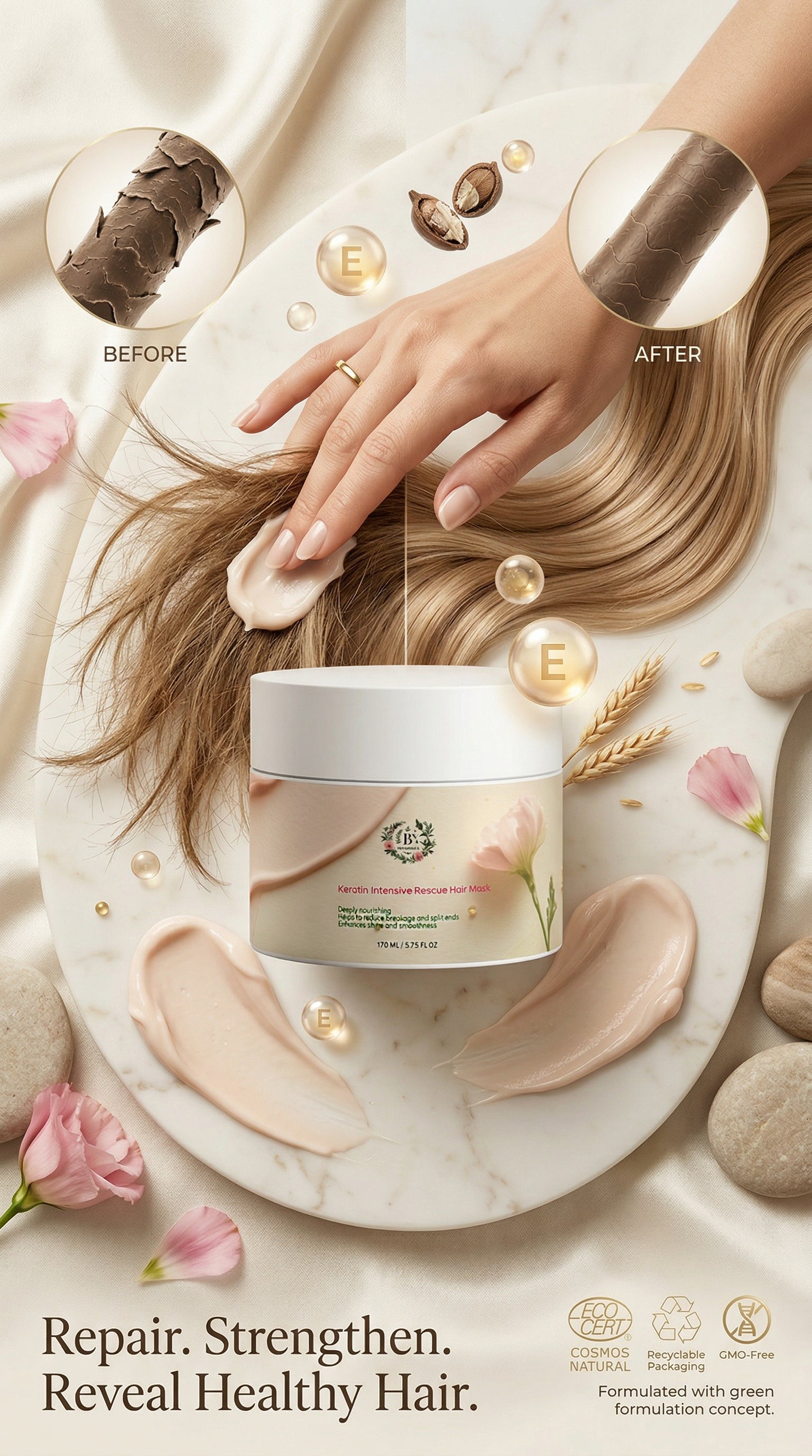 Keratin hair mask deeply repairing dry and damaged hair, reducing breakage and split ends, restoring smoothness, shine, and strength for salon-quality healthy-looking results