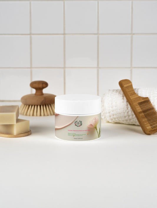 Skincare products including a jar, soap, and brushes on a white surface with tiled wall background