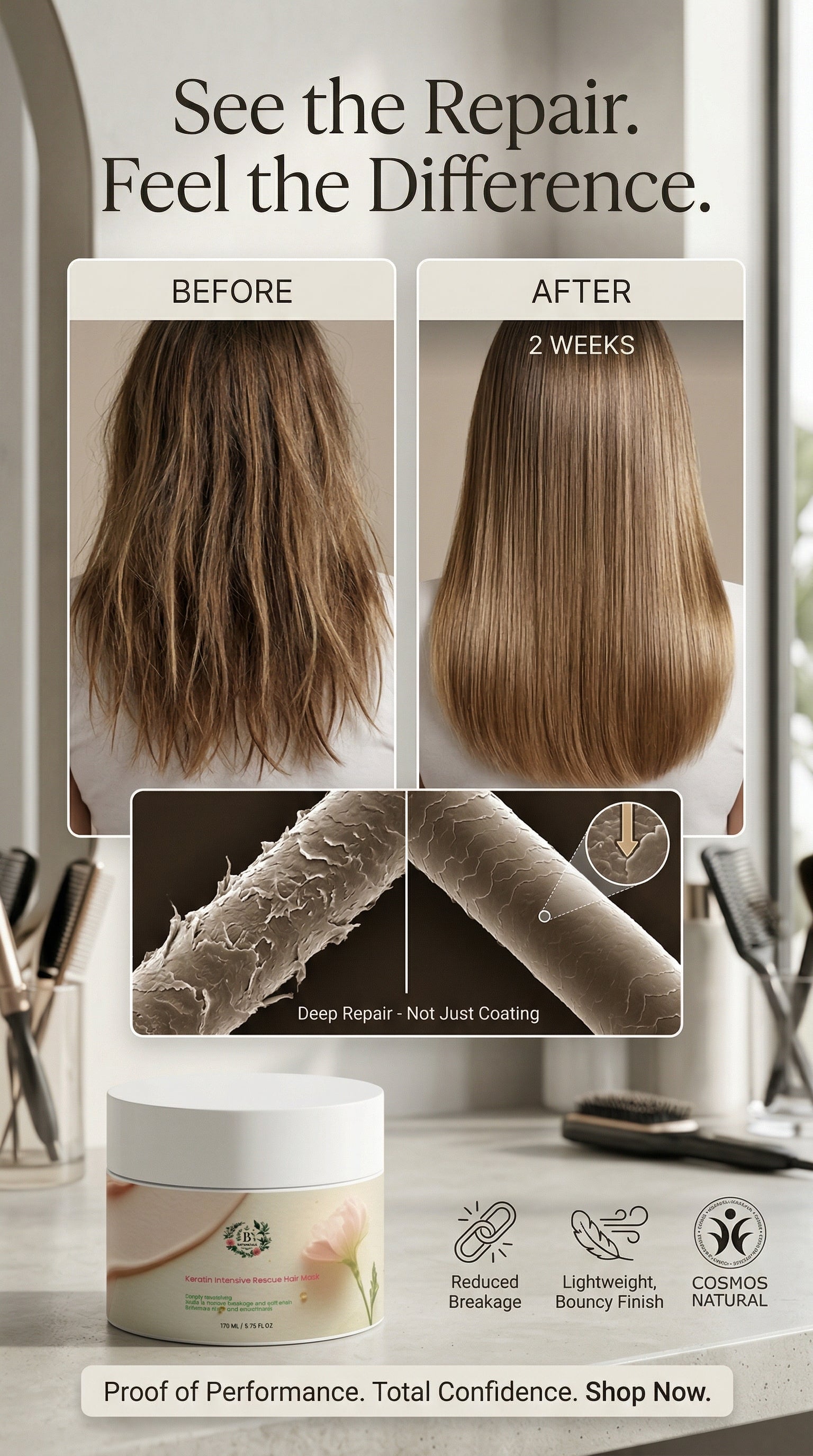 Salon-quality keratin hair treatment mask that strengthens, smooths, and restores shine to all hair types with clean, natural formulation.