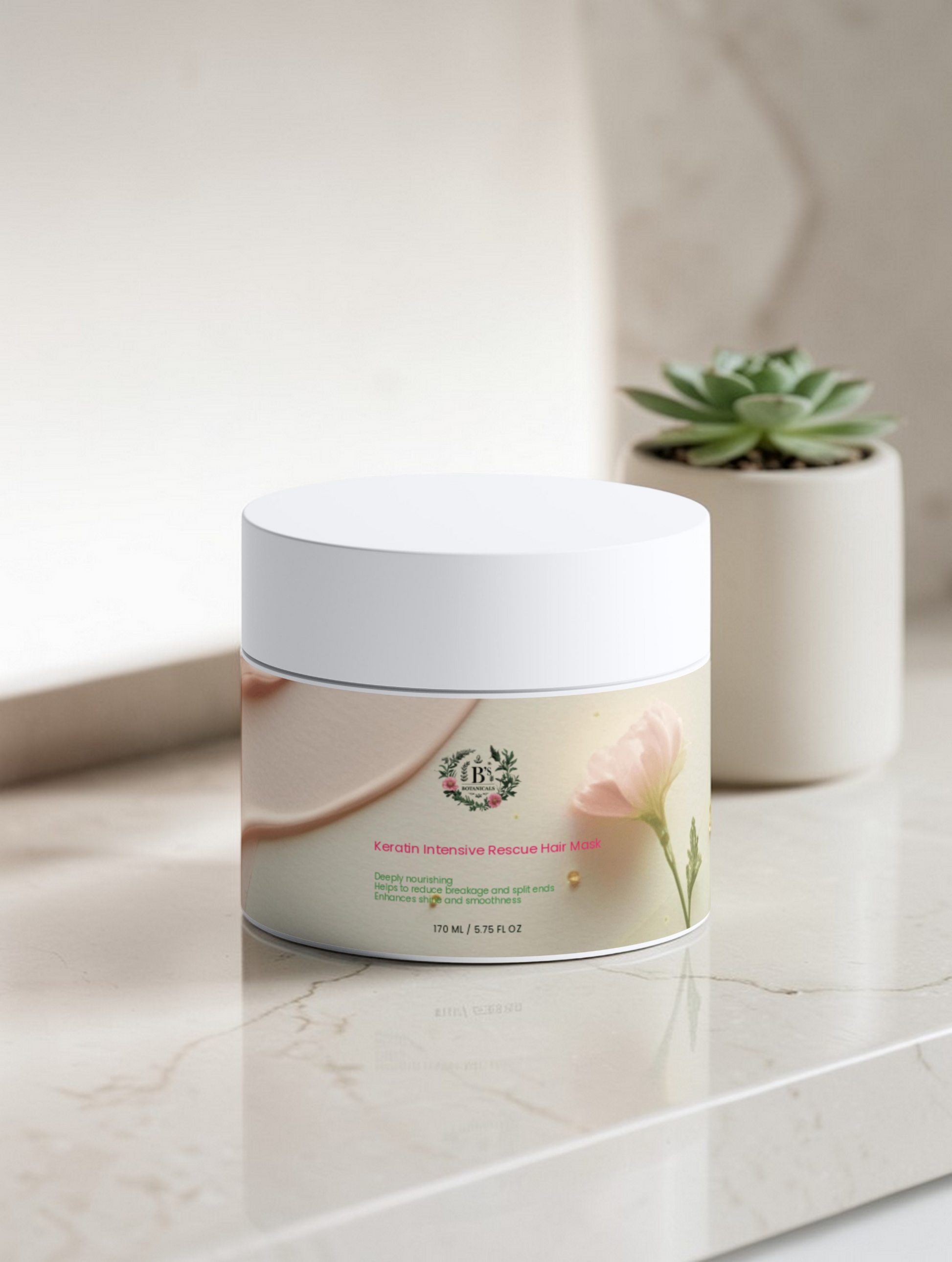 Jar of facial mask on a marble surface with a plant in the background