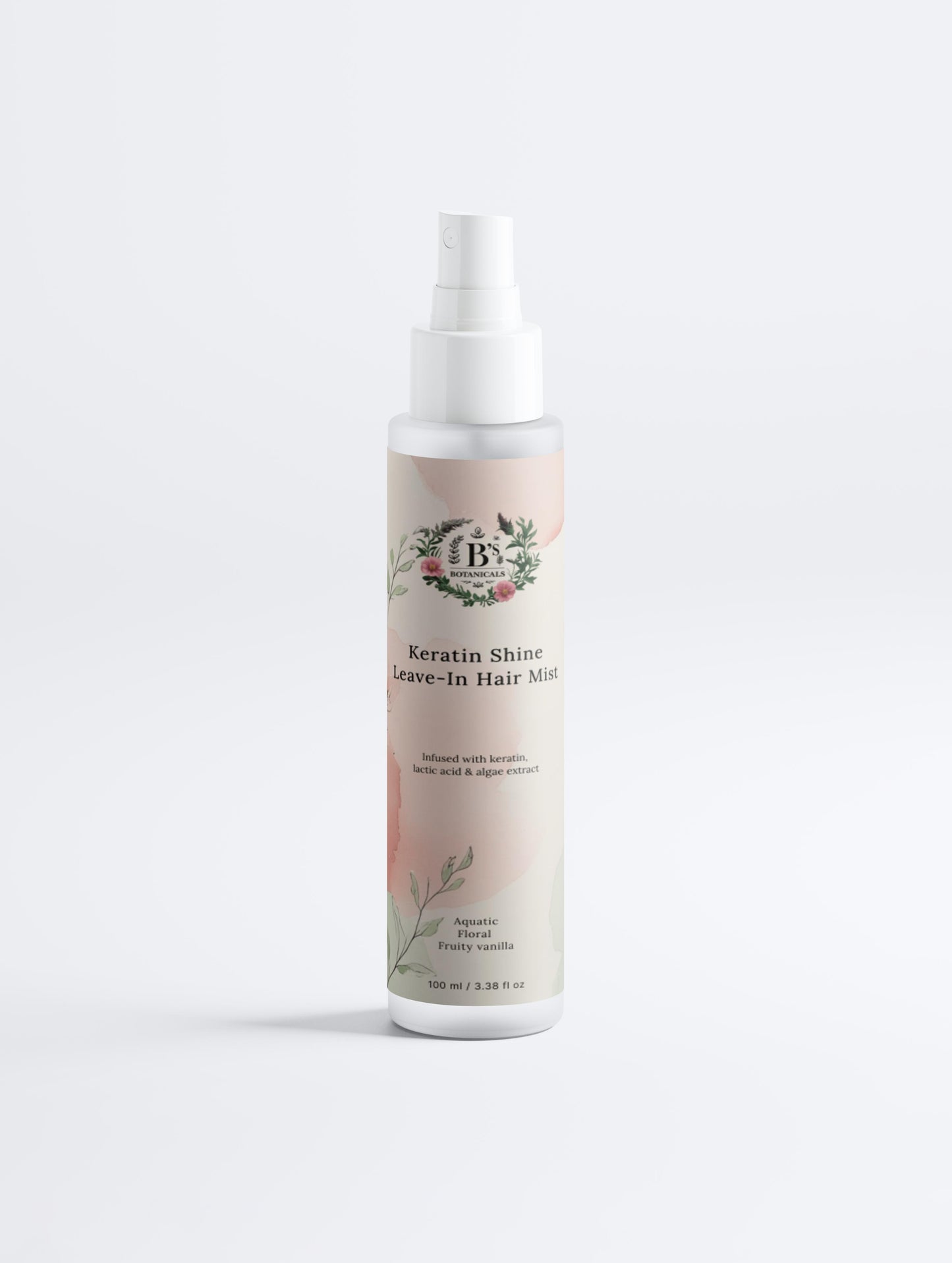 Keratin shine leave-in hair mist by B’s Botanicals helping reduce frizz, smooth hair, and add instant salon-like shine.