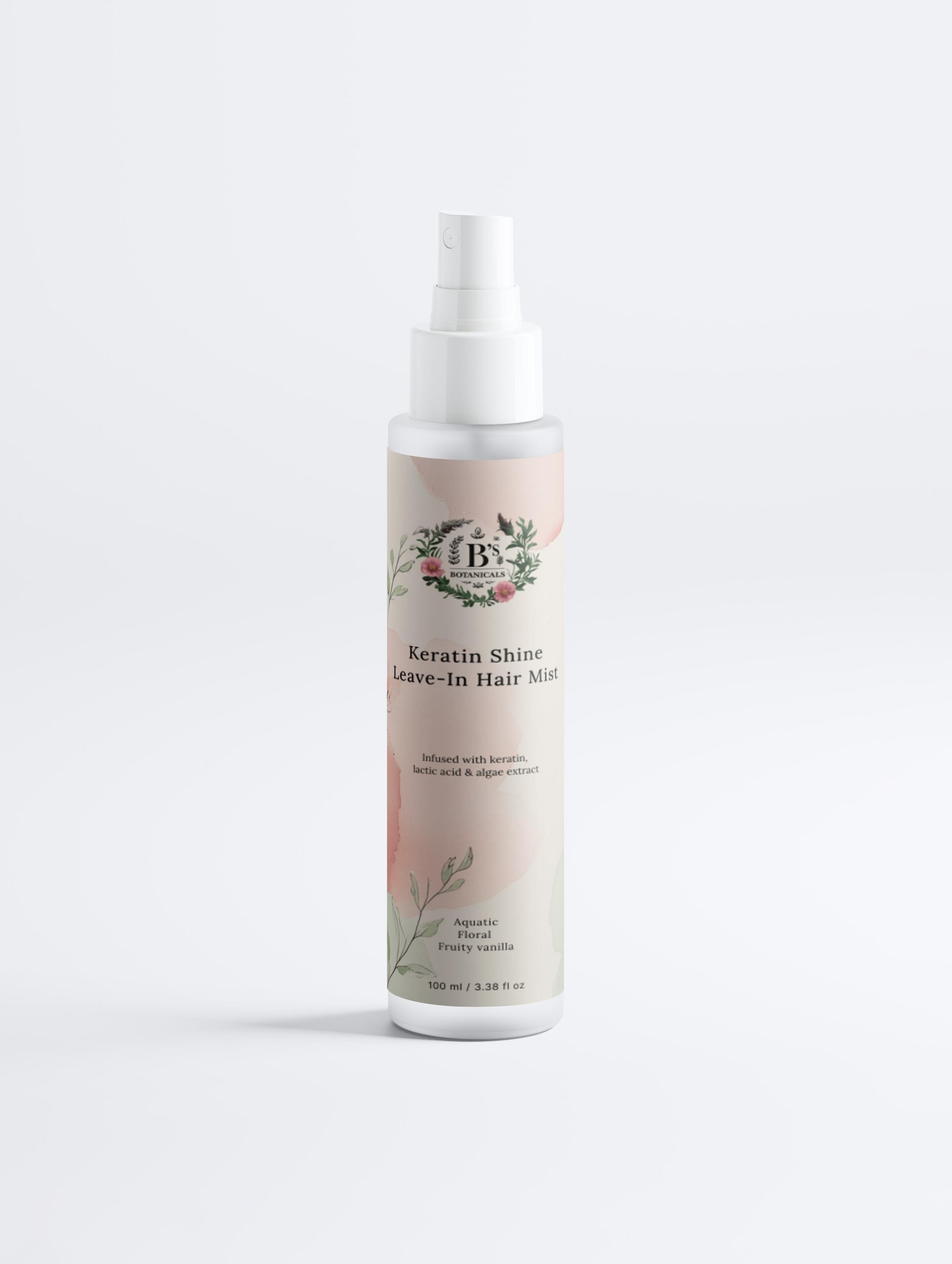 Keratin shine leave-in hair mist by B’s Botanicals helping reduce frizz, smooth hair, and add instant salon-like shine.