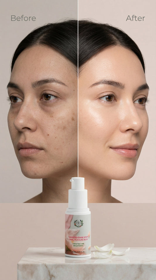 Before and after comparison of a woman's face with a skincare product displayed below.