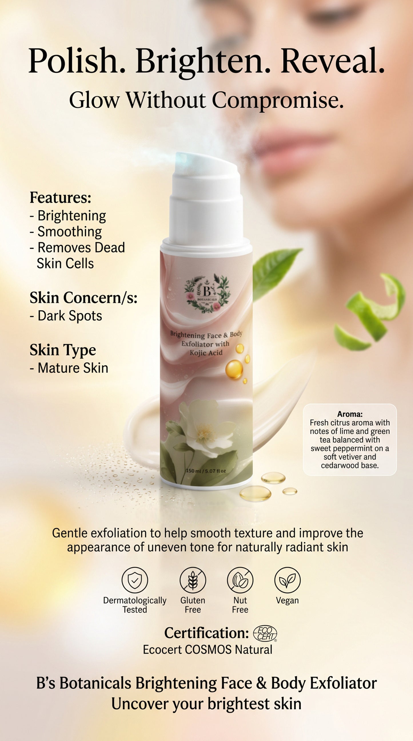 Brightening body scrub for glowing skin, dark spot correction, and gentle exfoliation