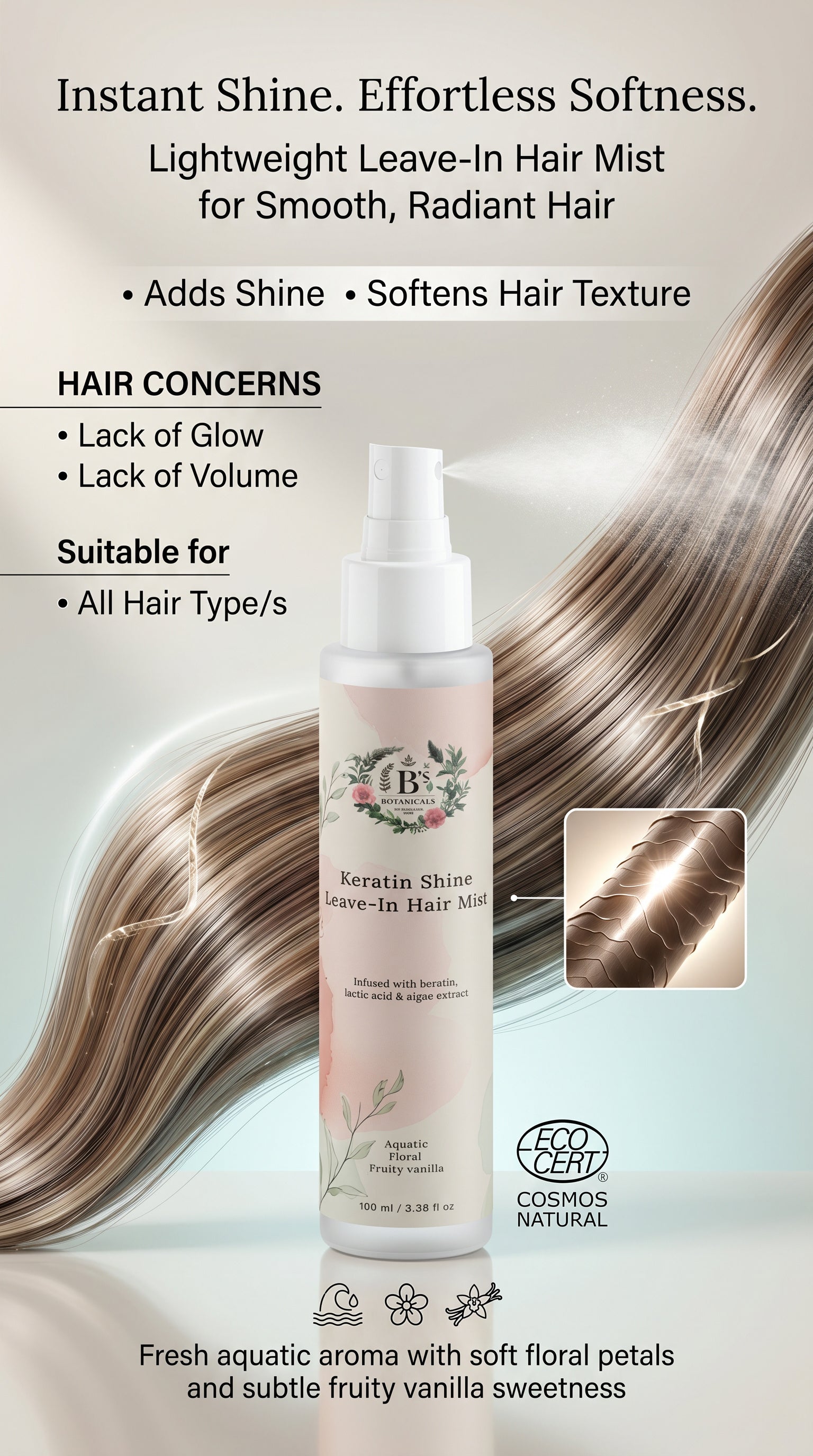 Leave-in keratin hair mist designed to repair dry and damaged hair while improving softness, manageability, and shine.