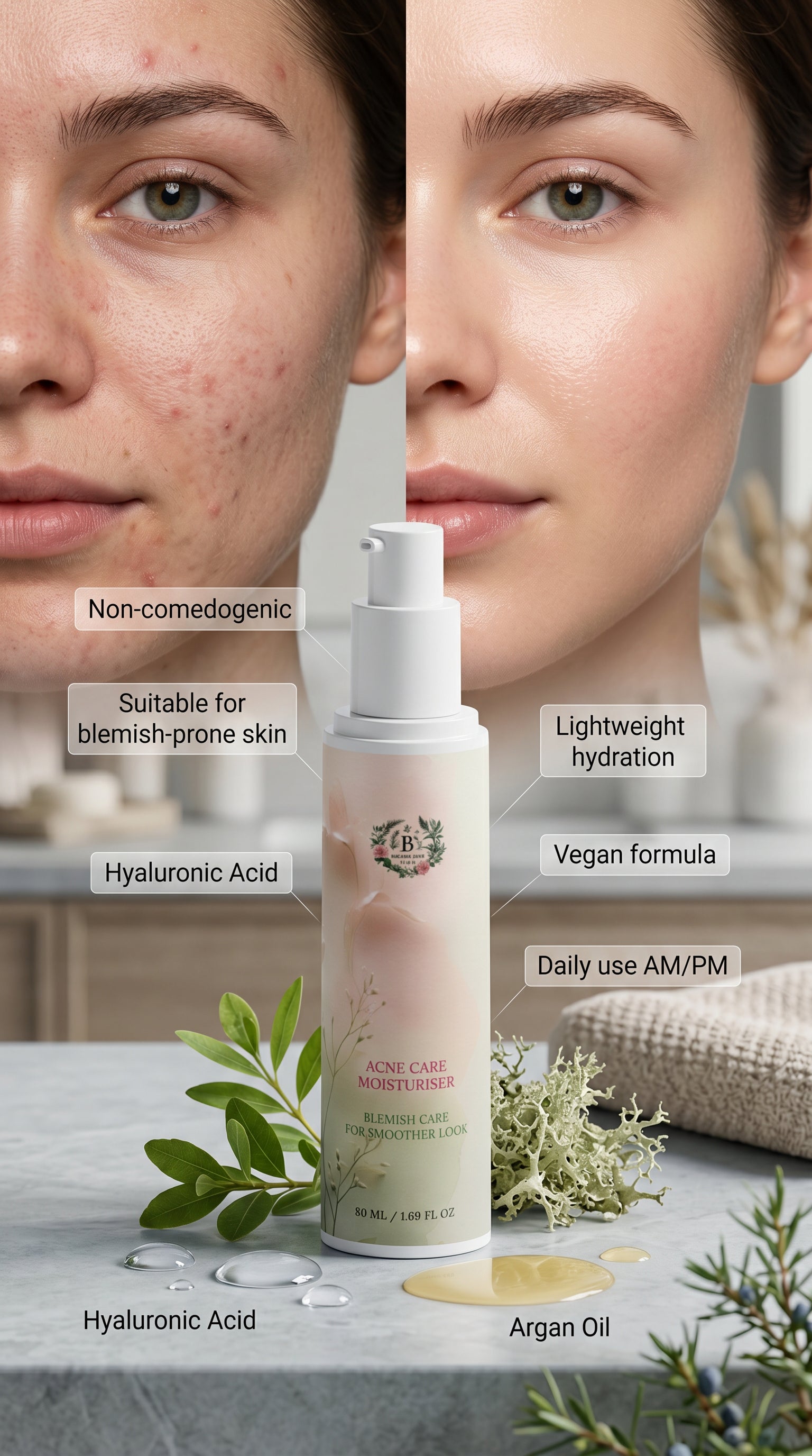 Lightweight fast-absorbing moisturiser for acne-prone skin, non-greasy daily face cream suitable for morning and evening use