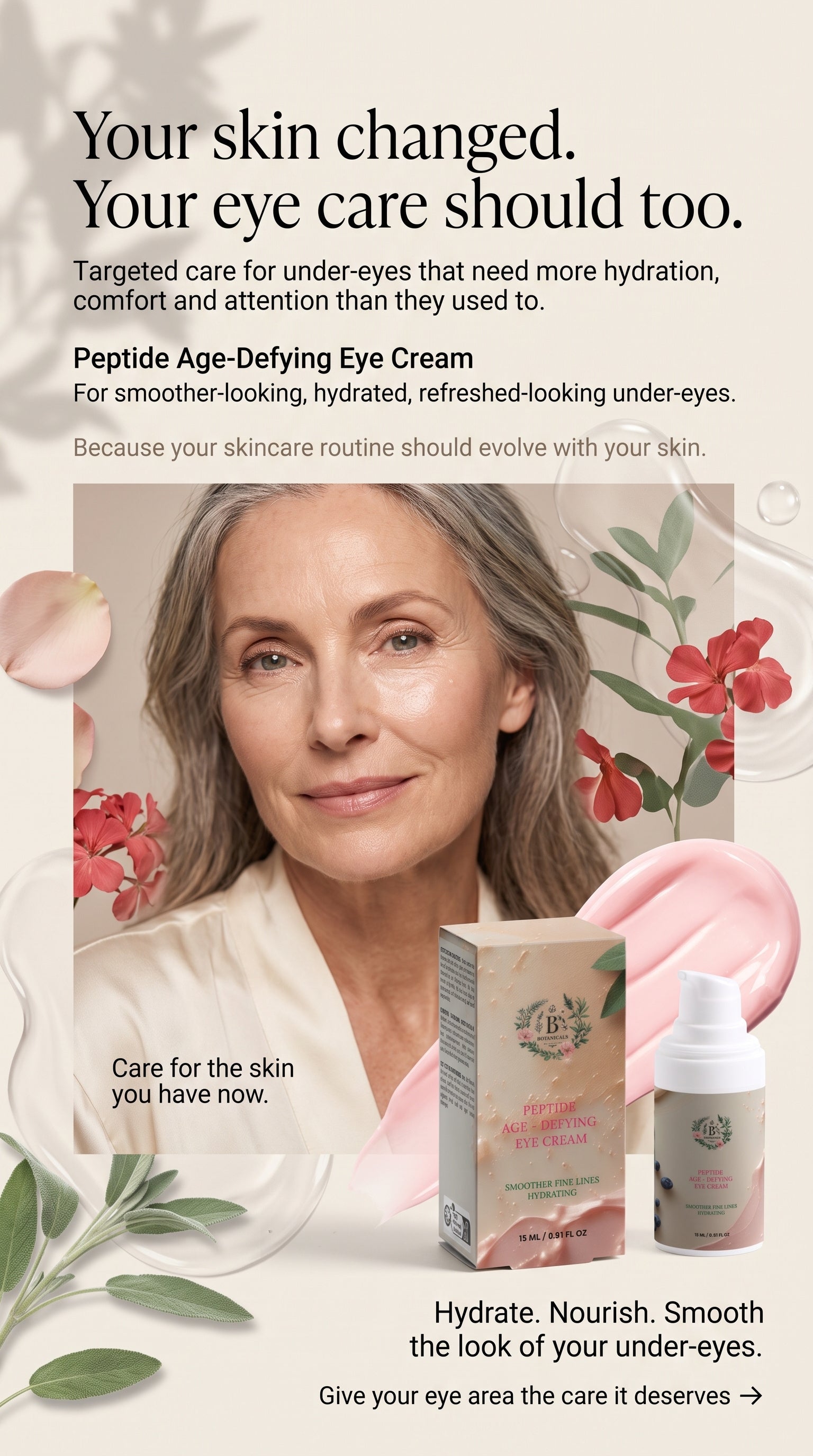 Luxury peptide eye cream providing targeted hydration and smoother-looking care for mature under-eye skin