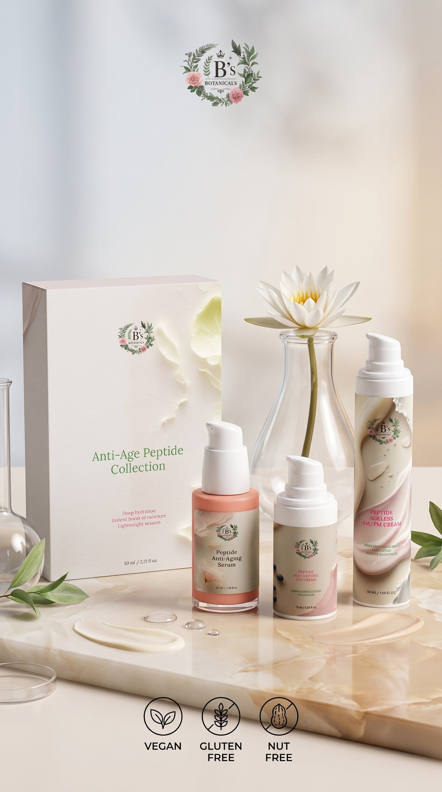 Luxury peptide skincare routine with serum, eye cream and AM/PM cream for mature and dehydrated skin, supporting deep hydration, smoother-looking skin and firmness.