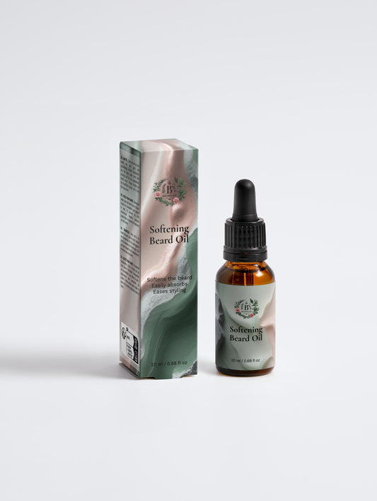Bottle and box of softening beard oil on a white background