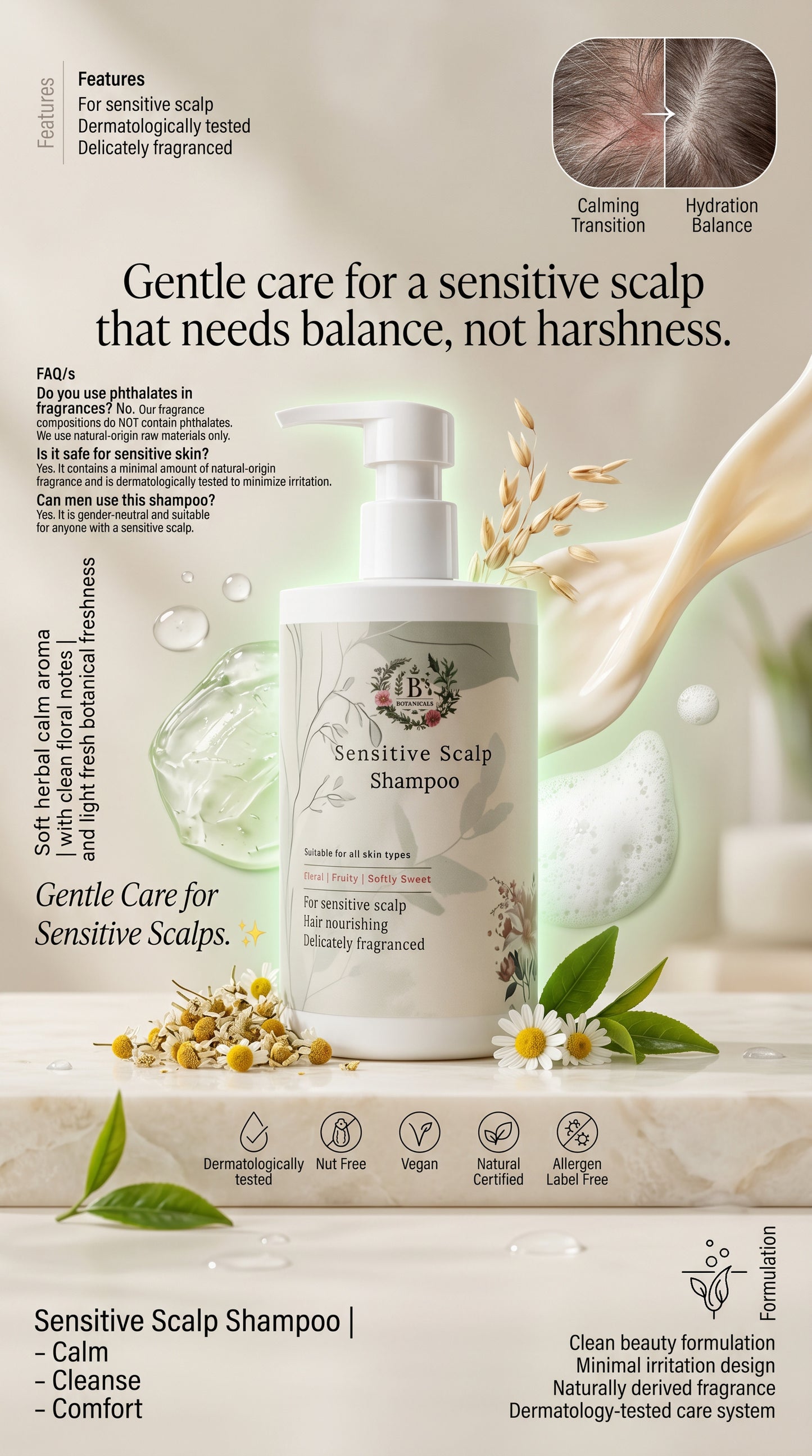 Mild haircare shampoo for sensitive and reactive scalp, helping maintain hydration, reduce dryness, and leave hair feeling soft and clean