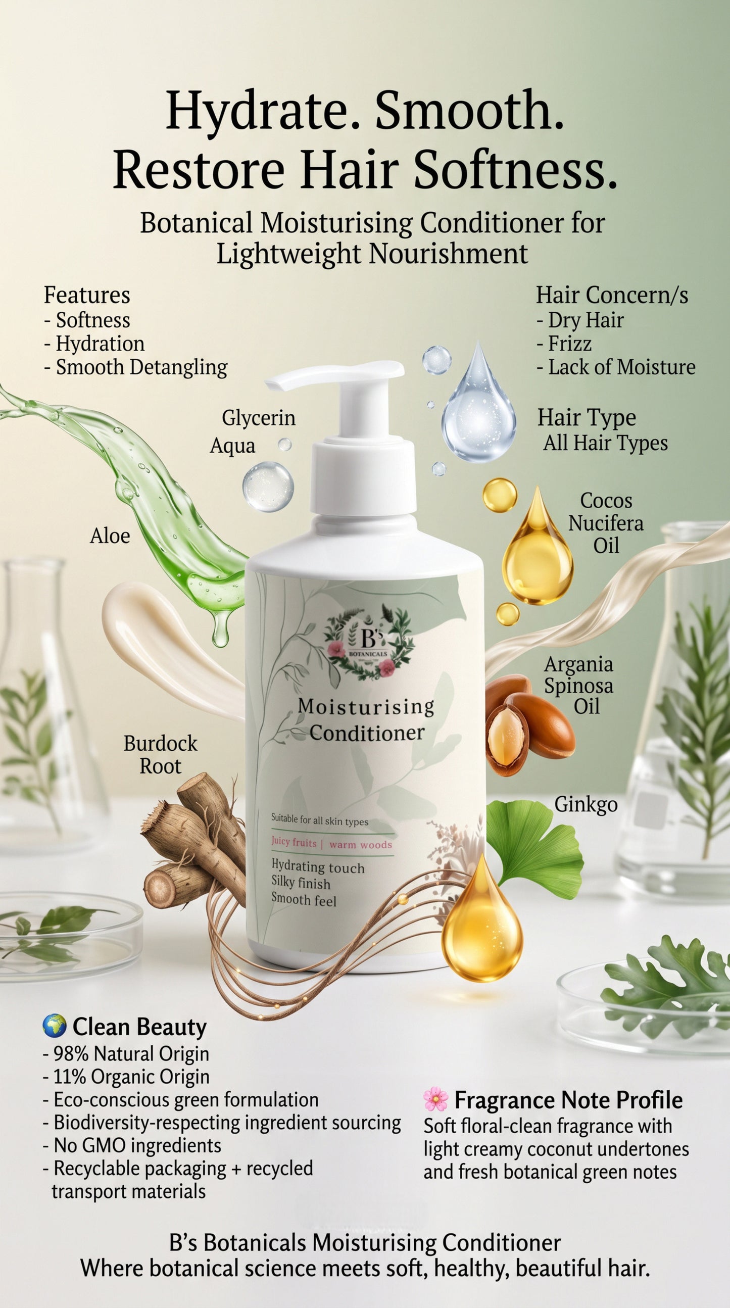 Botanical moisturising hair conditioner for dry and frizzy hair, hydrating and smoothing clean beauty formula for soft and manageable hair